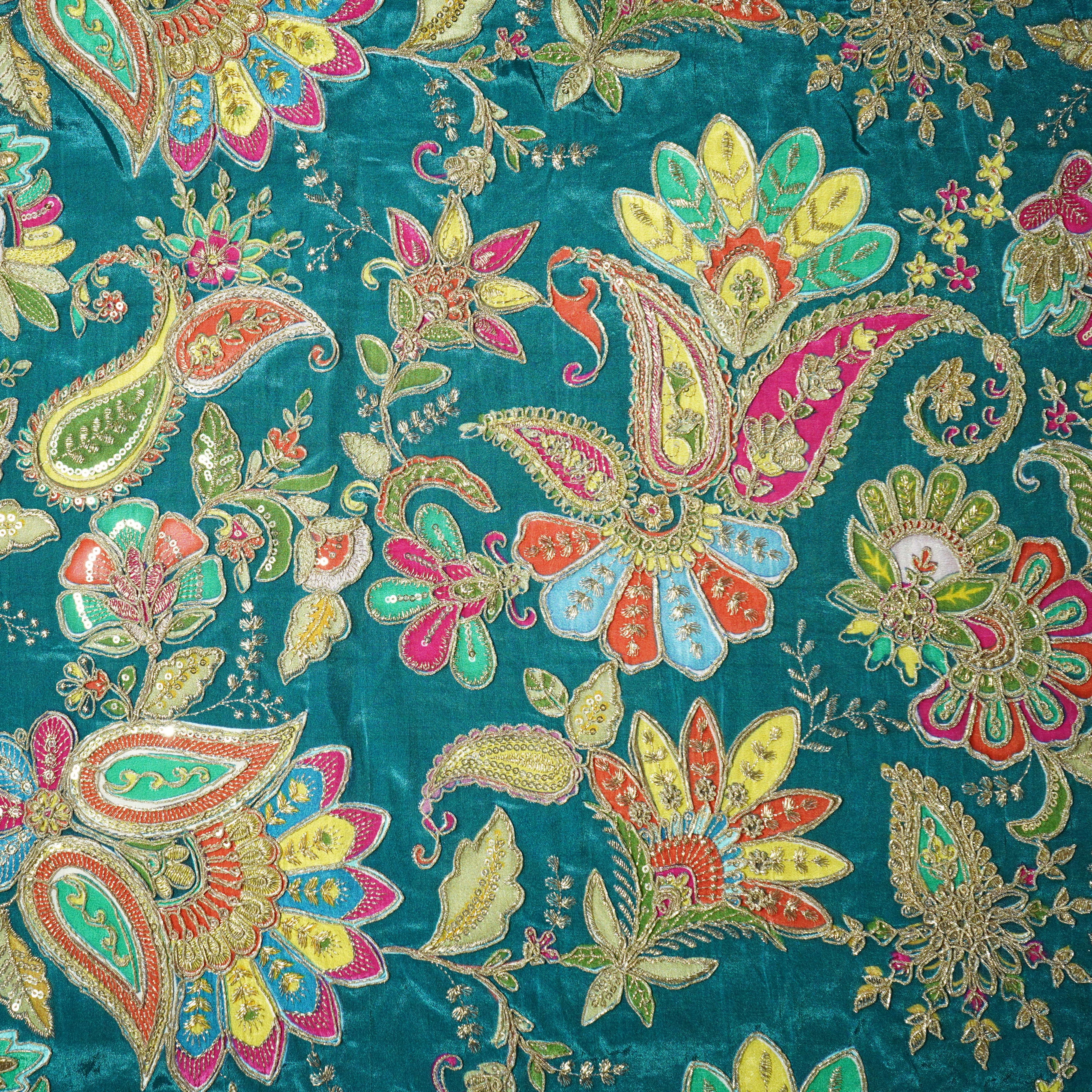 Sea Green Paisley Floral Embroidery Crepe Fabric - Image 3