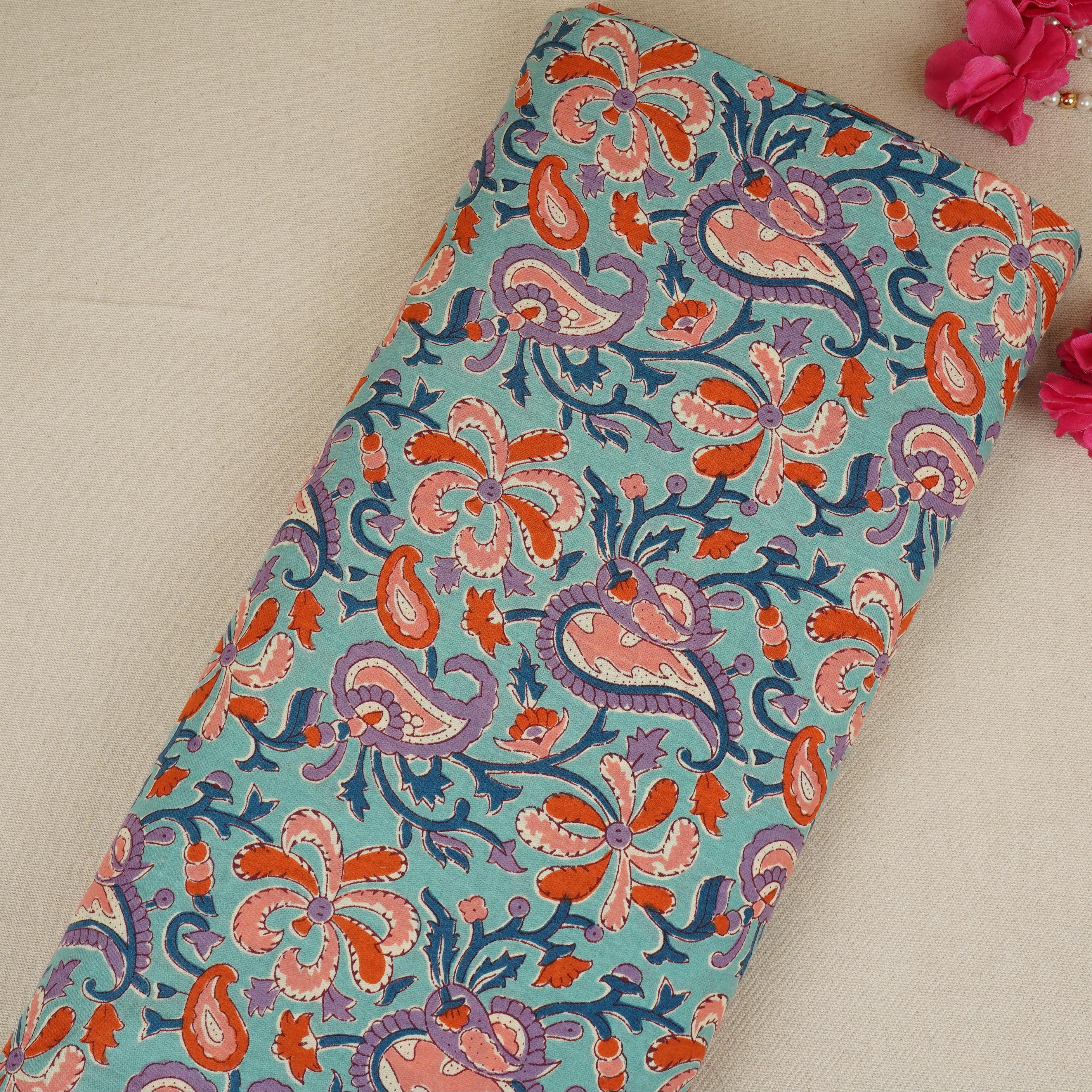 Sea Green Paisley Print Cotton Fabric AFI-29554