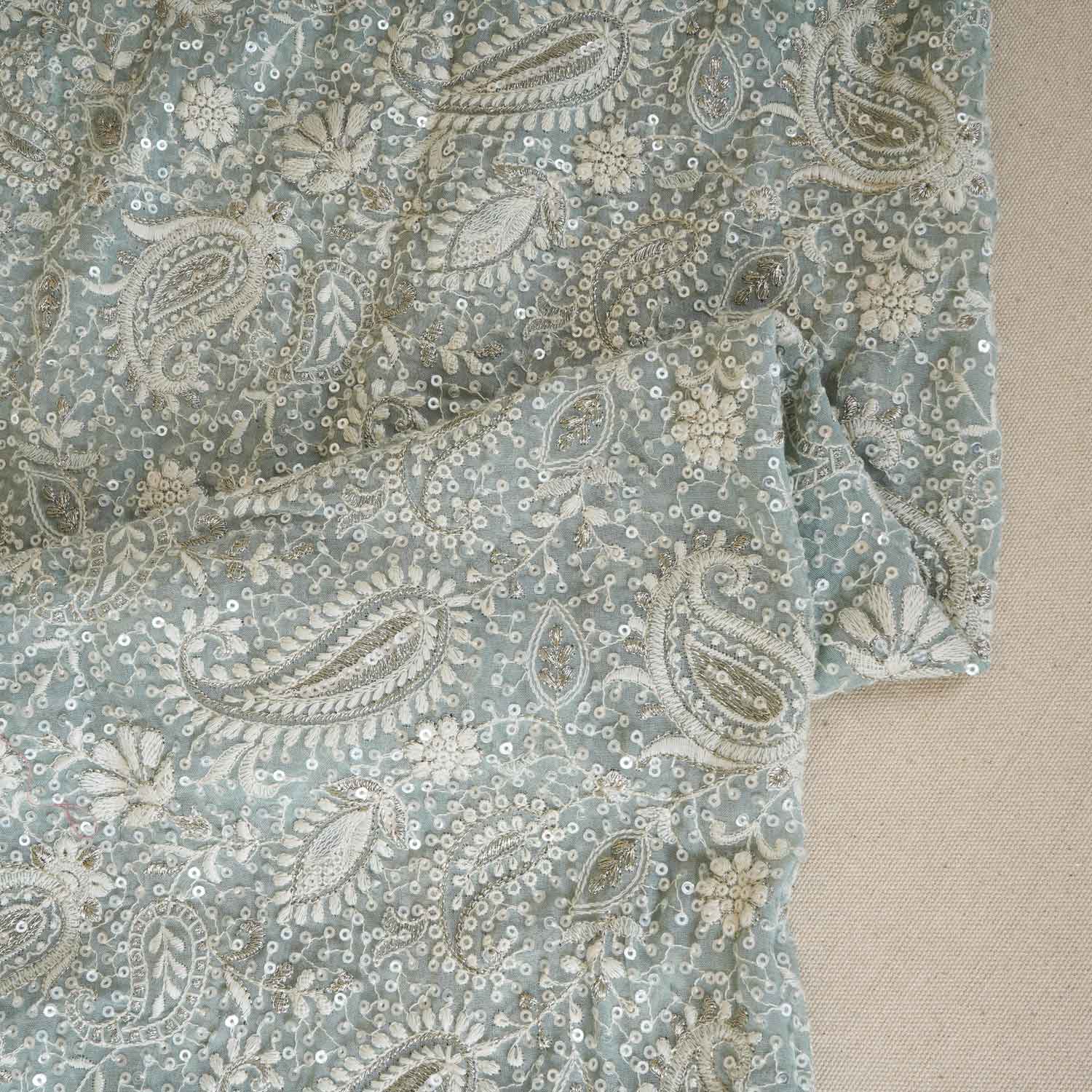 Sea Green Paisley Sequins Embroidery Chikankari Georgette Fabric DR-28278 - Image 2