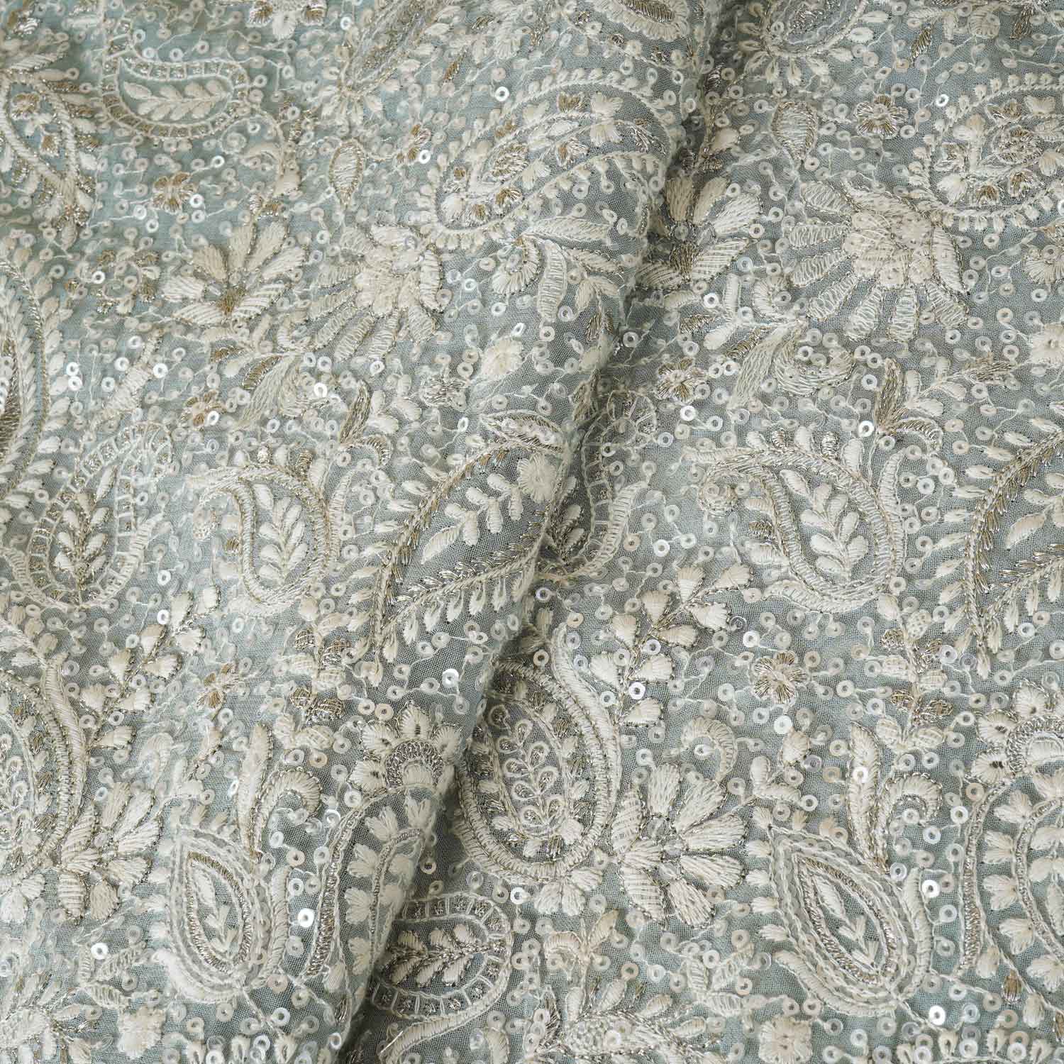Sea Green Paisley Sequins Embroidery Chikankari Georgette Fabric DR-28278 - Image 3
