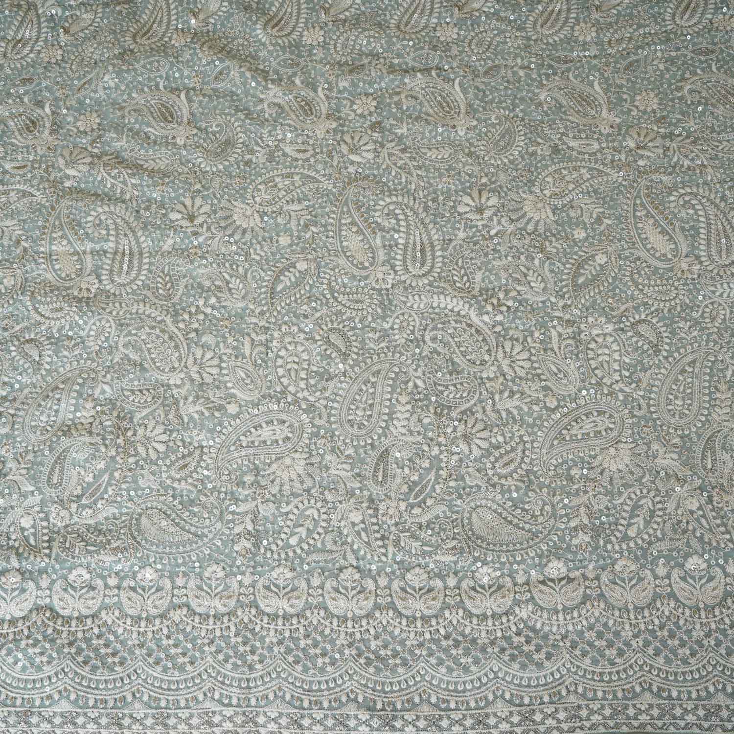 Sea Green Paisley Sequins Embroidery Chikankari Georgette Fabric DR-28278 - Image 4