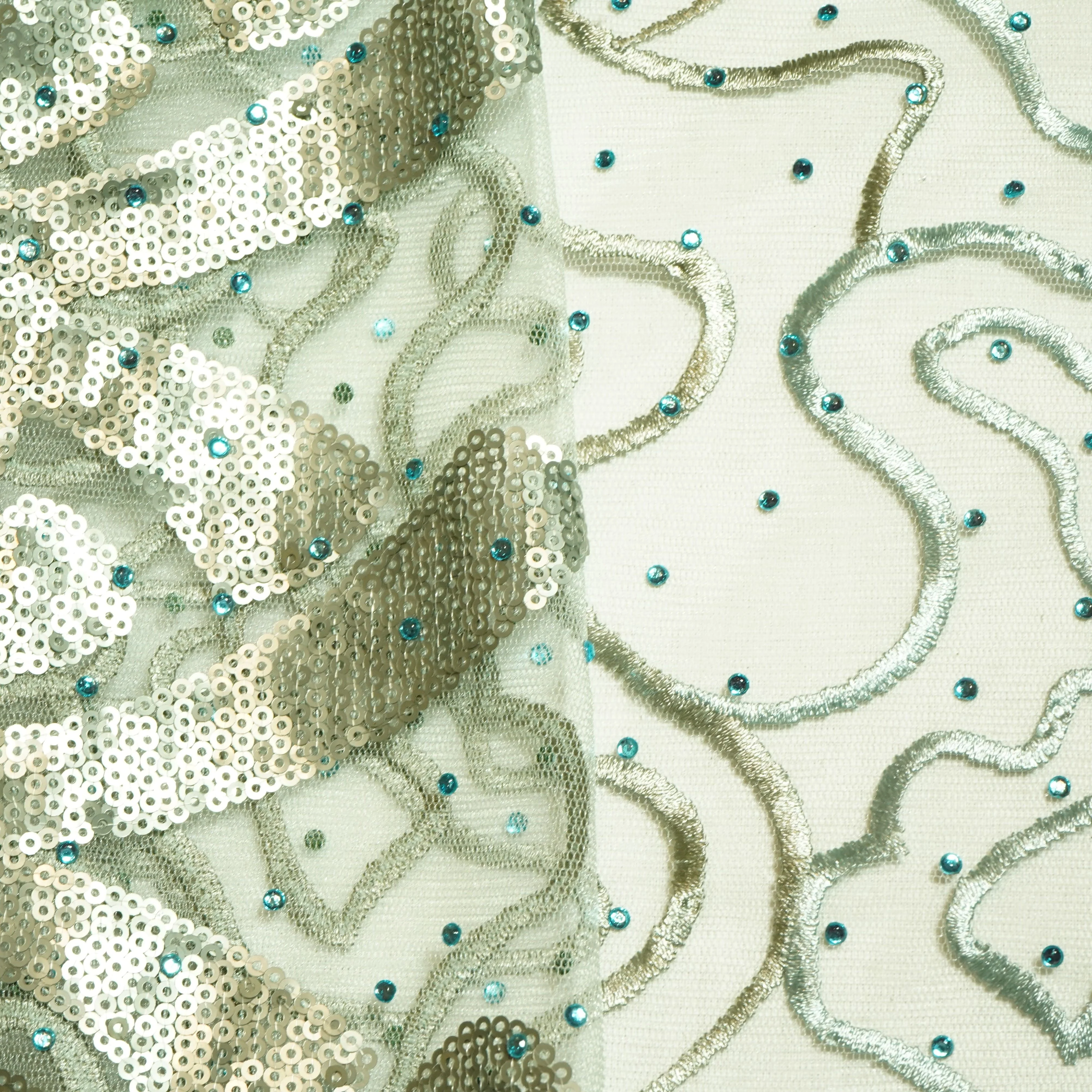 Sea Green Sequins Embroidery Net Fabric - Image 2
