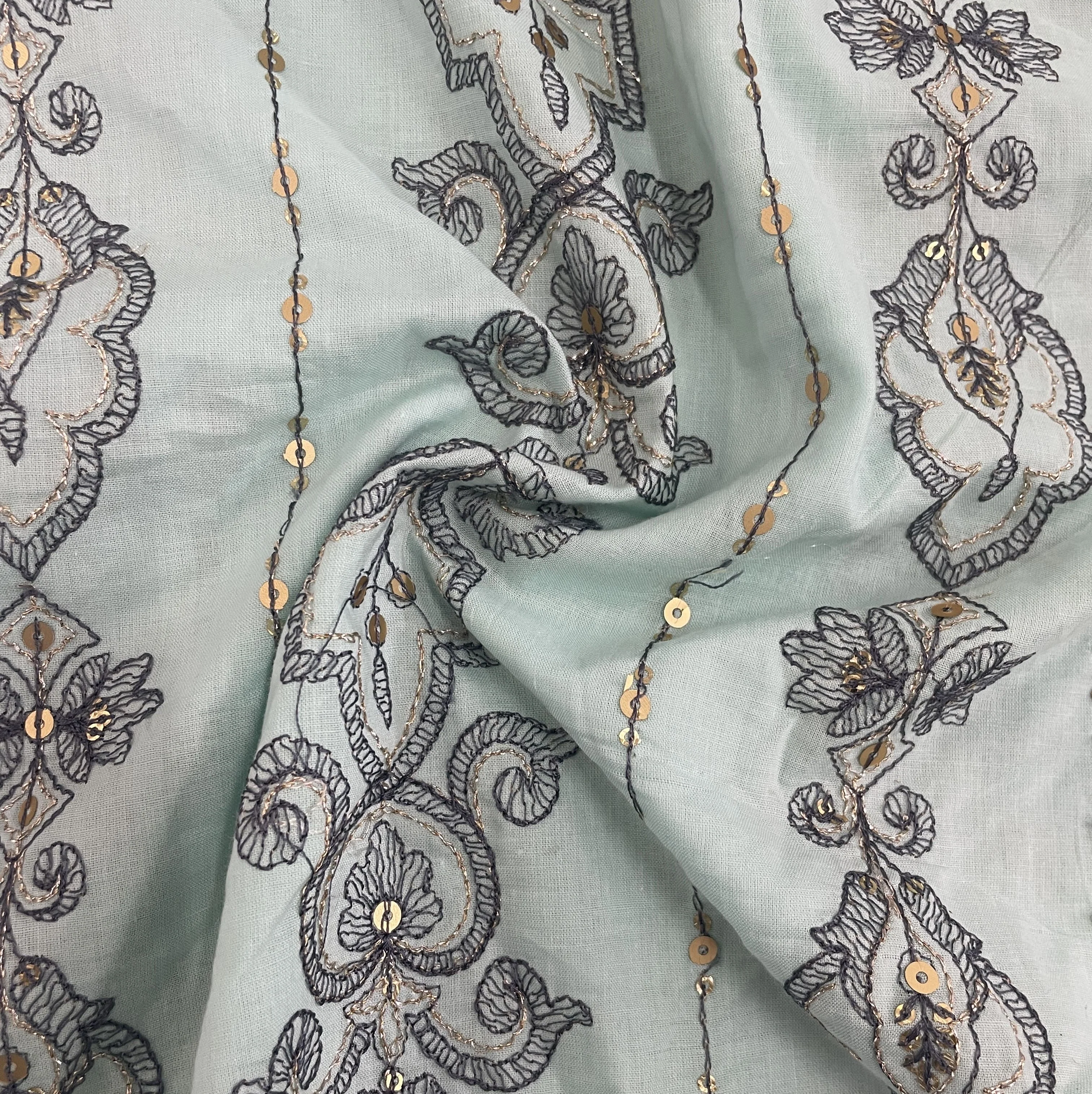 Sea Green Thread Sequins Embroidery Cotton Fabric 15527