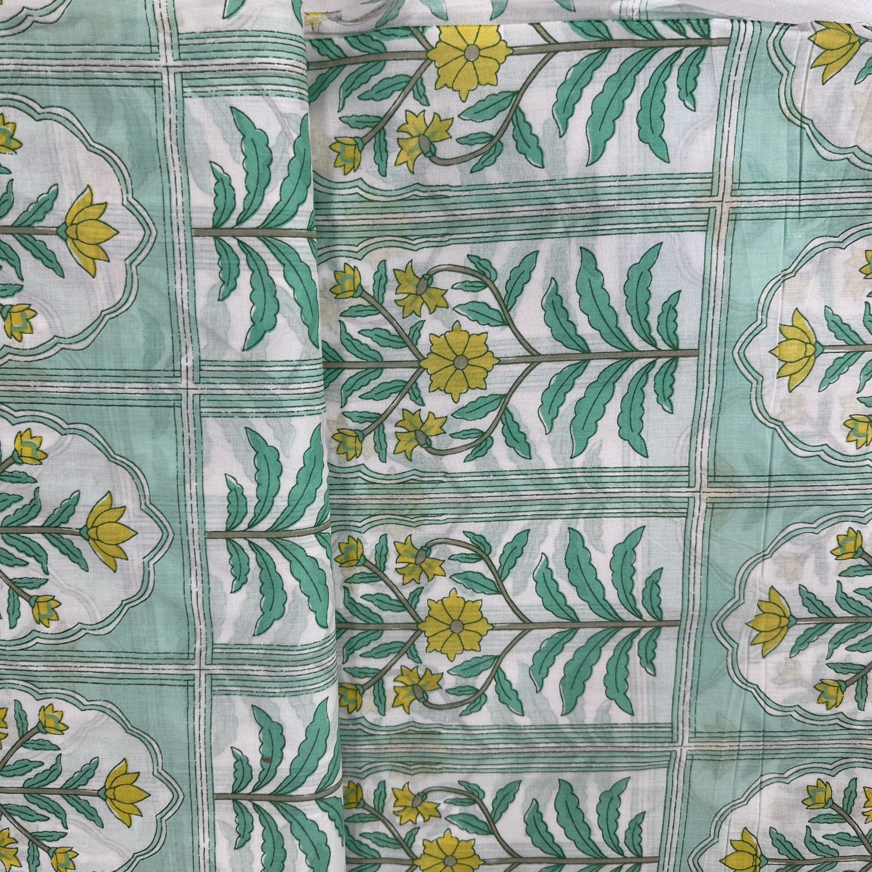 Sea Green Yellow Floral Print Cotton Fabric 23872 - Image 3