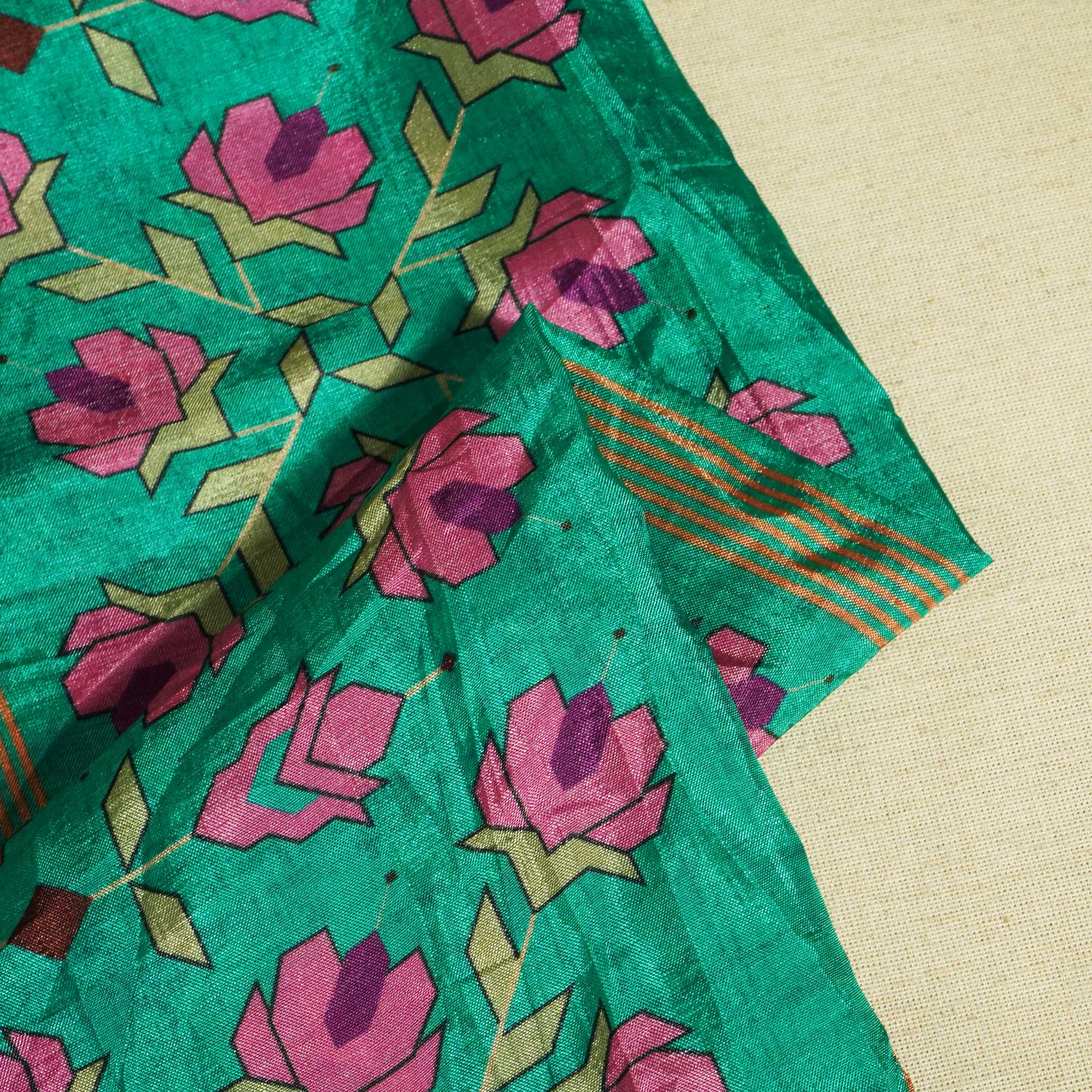 See Green Geometrical Print Upada Silk Fabric 2555 MTF-21072 - Image 2