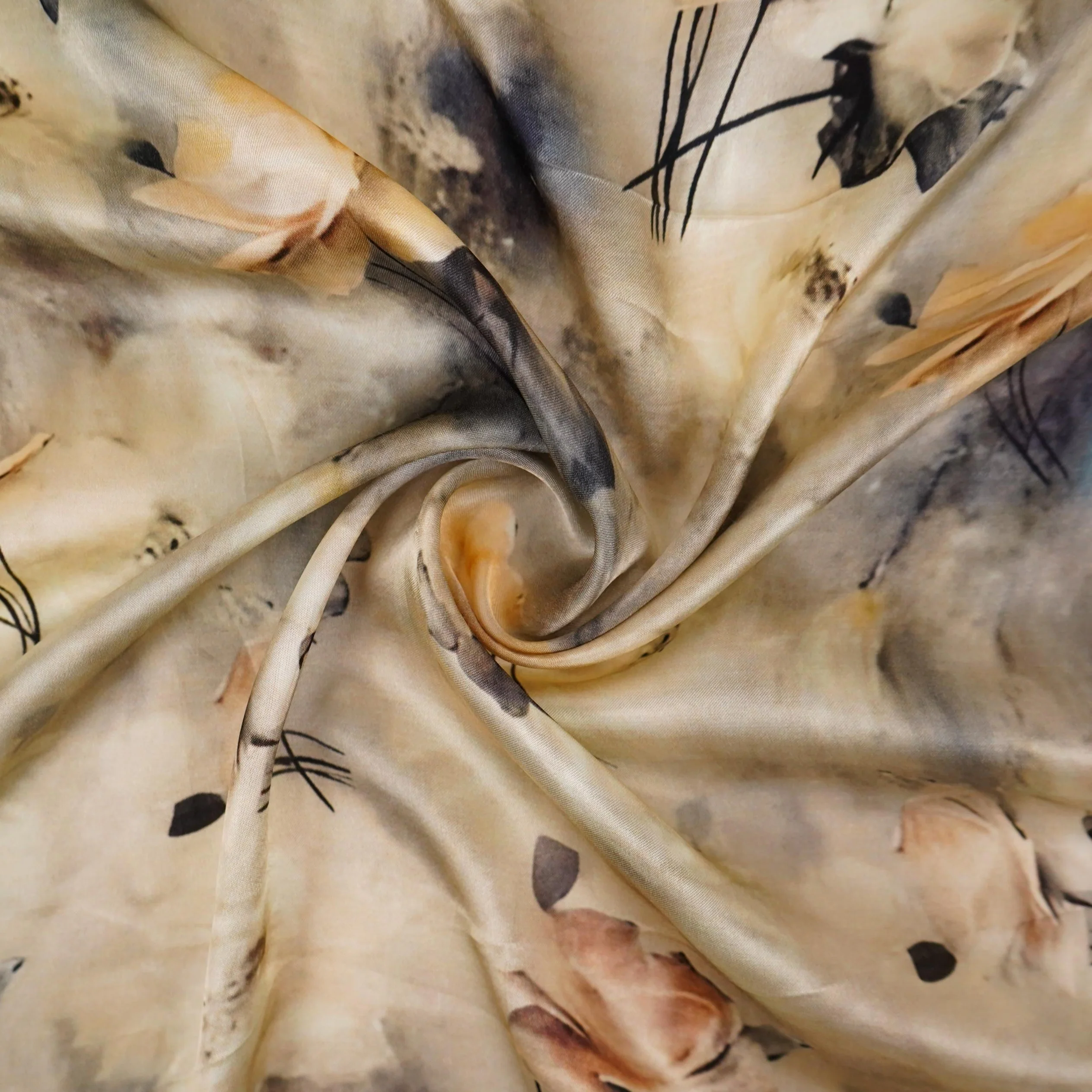 Silver Ivory Abstract print Silk Satin Fabric NVC-31565 - Image 4
