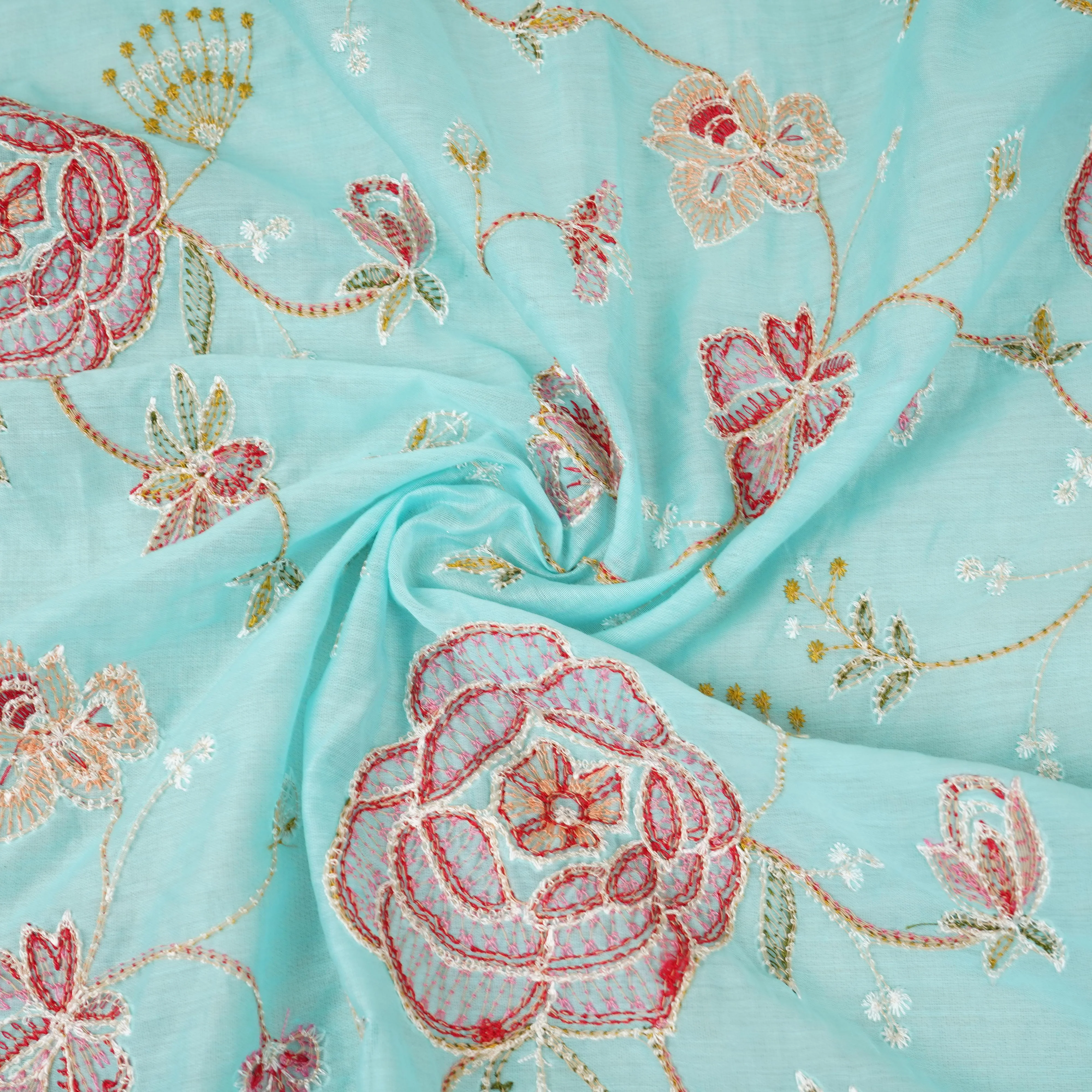 Sky Blue Aari embroidery Mul Chanderi Fabric DC-29680 - Image 3