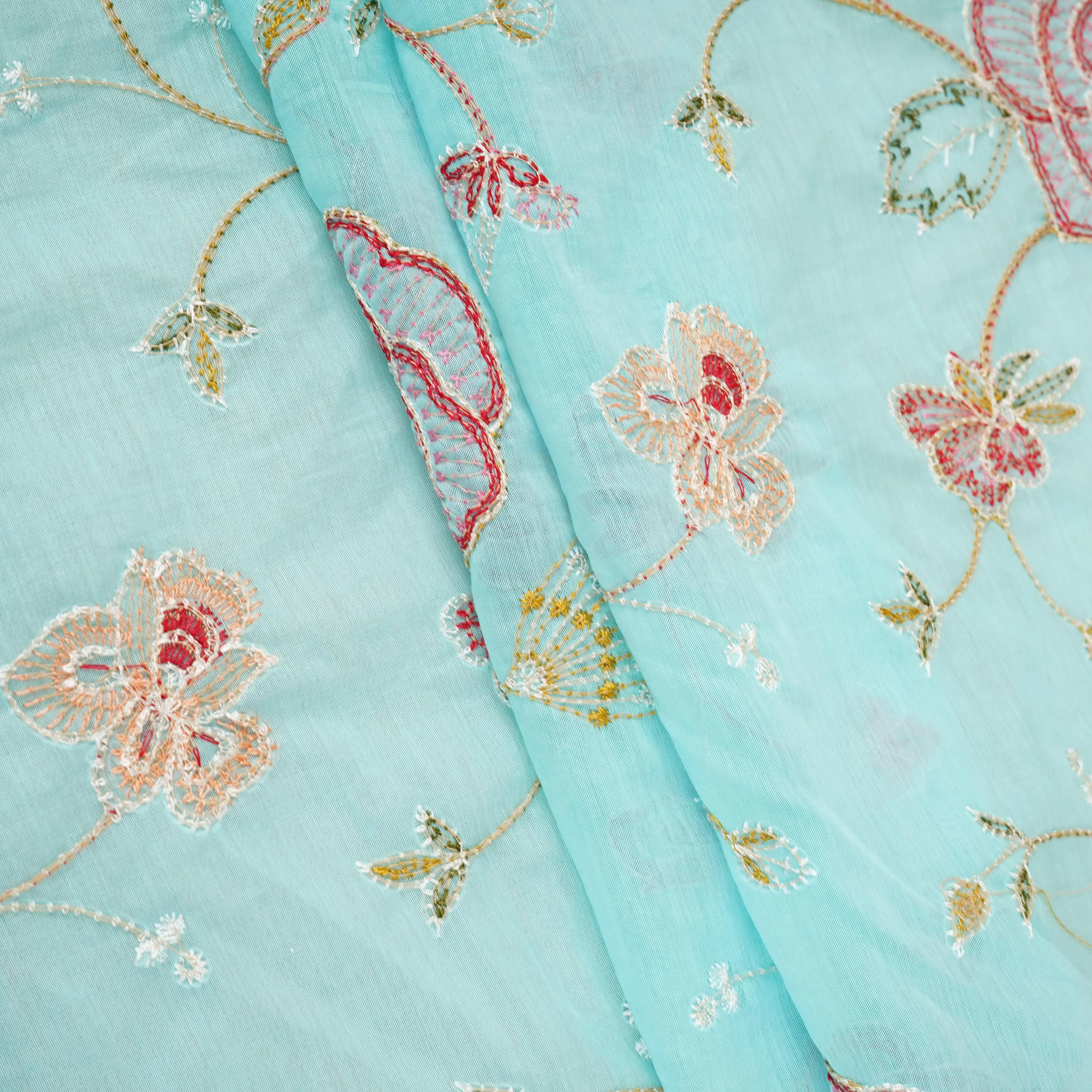 Sky Blue Aari embroidery Mul Chanderi Fabric DC-29680 - Image 4