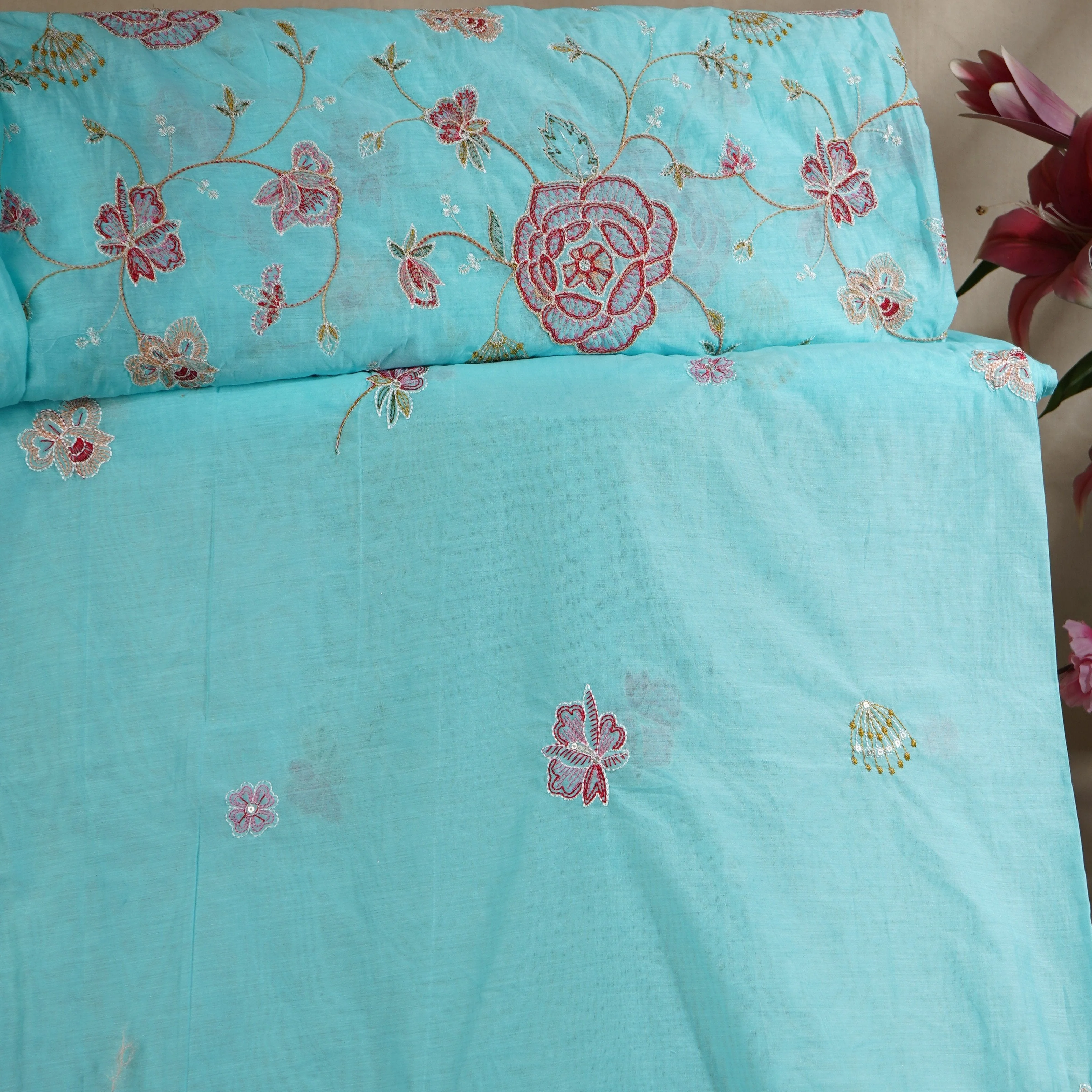 Sky Blue Aari embroidery Mul Chanderi Fabric DC-29680 - Image 5