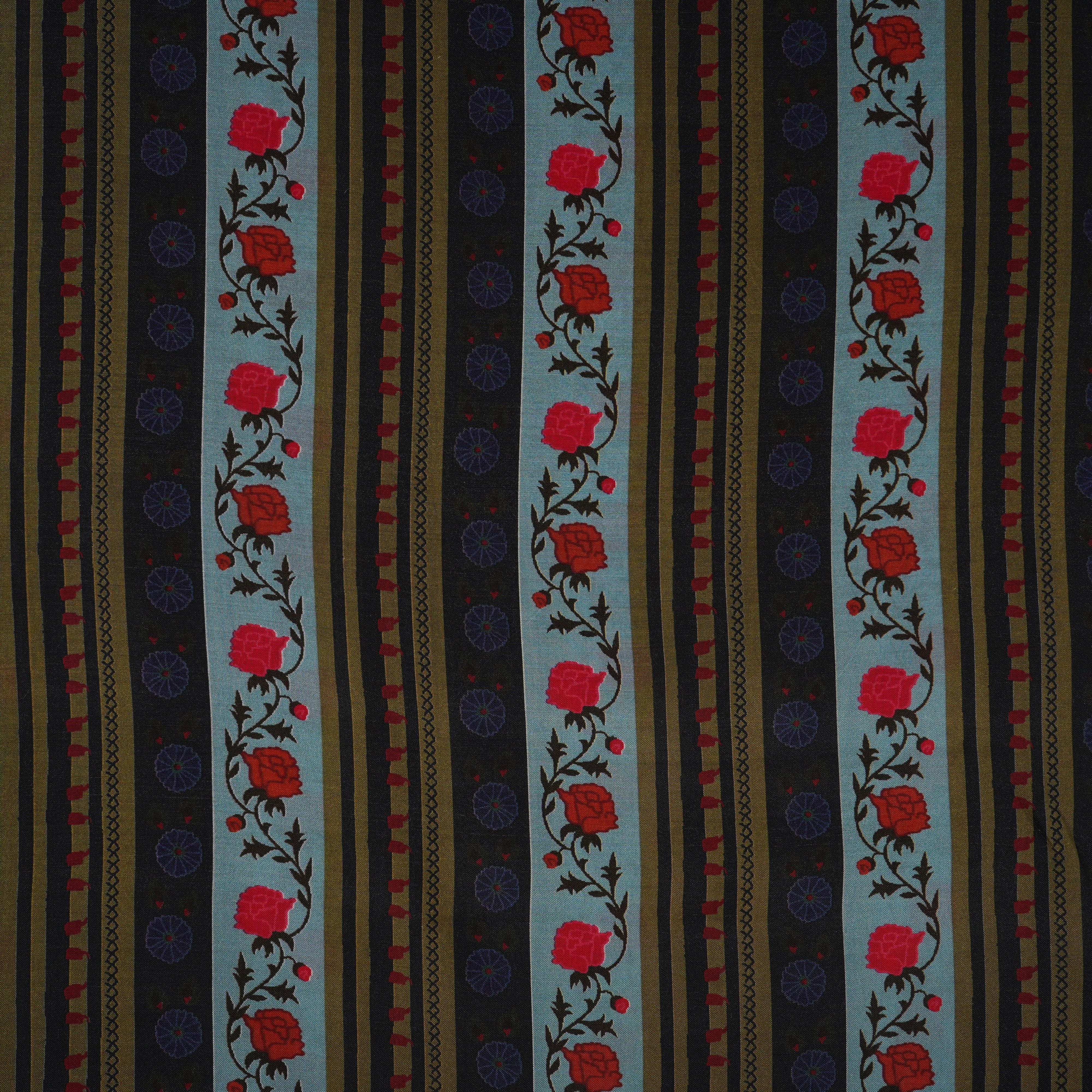 Sky Blue & Black Floral Stripes Print Muslin Fabric MF-30192 - Image 2