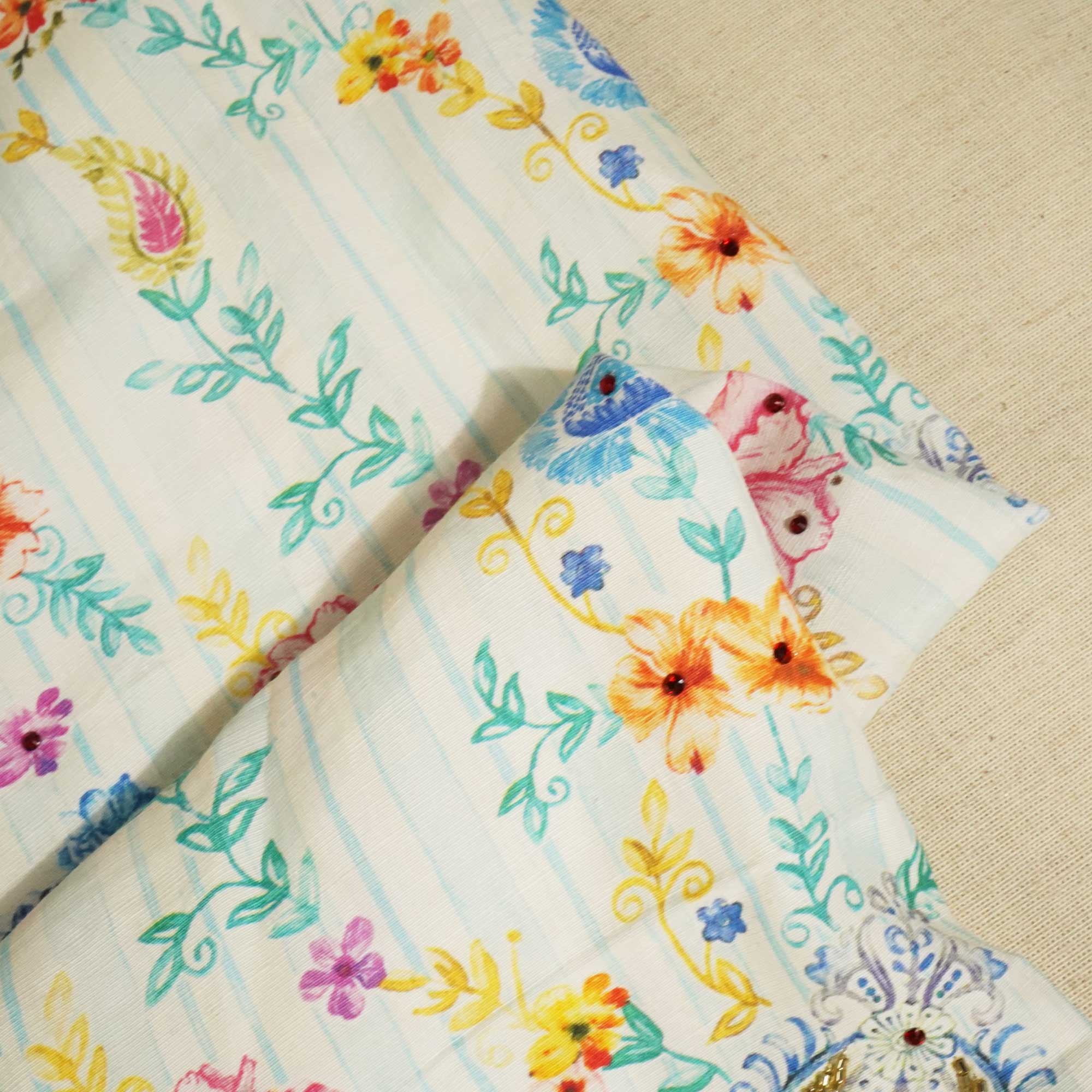 Sky Blue Cutdana Embroidery Cotton Linen Fabric GT-25552 - Image 2