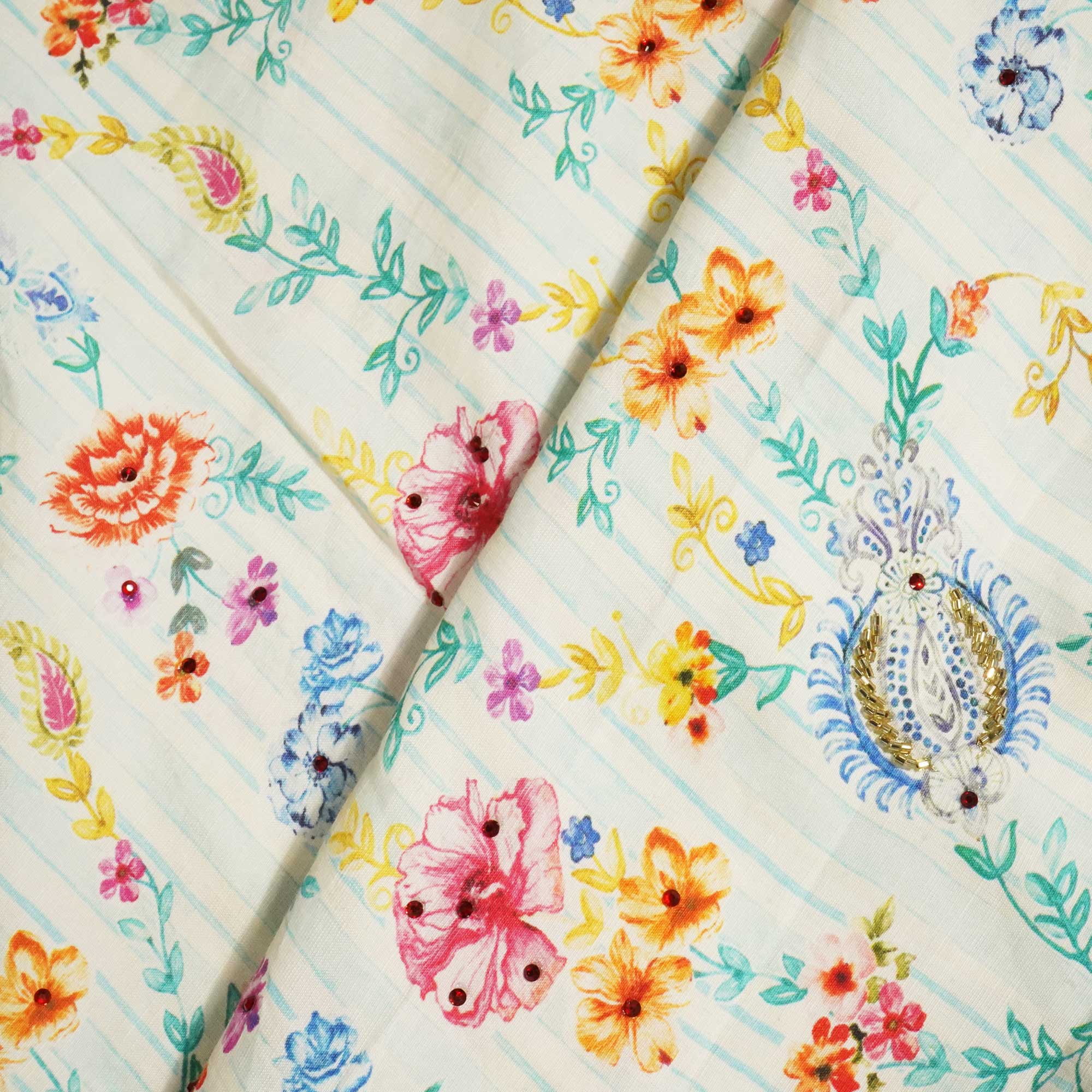 Sky Blue Cutdana Embroidery Cotton Linen Fabric GT-25552 - Image 3