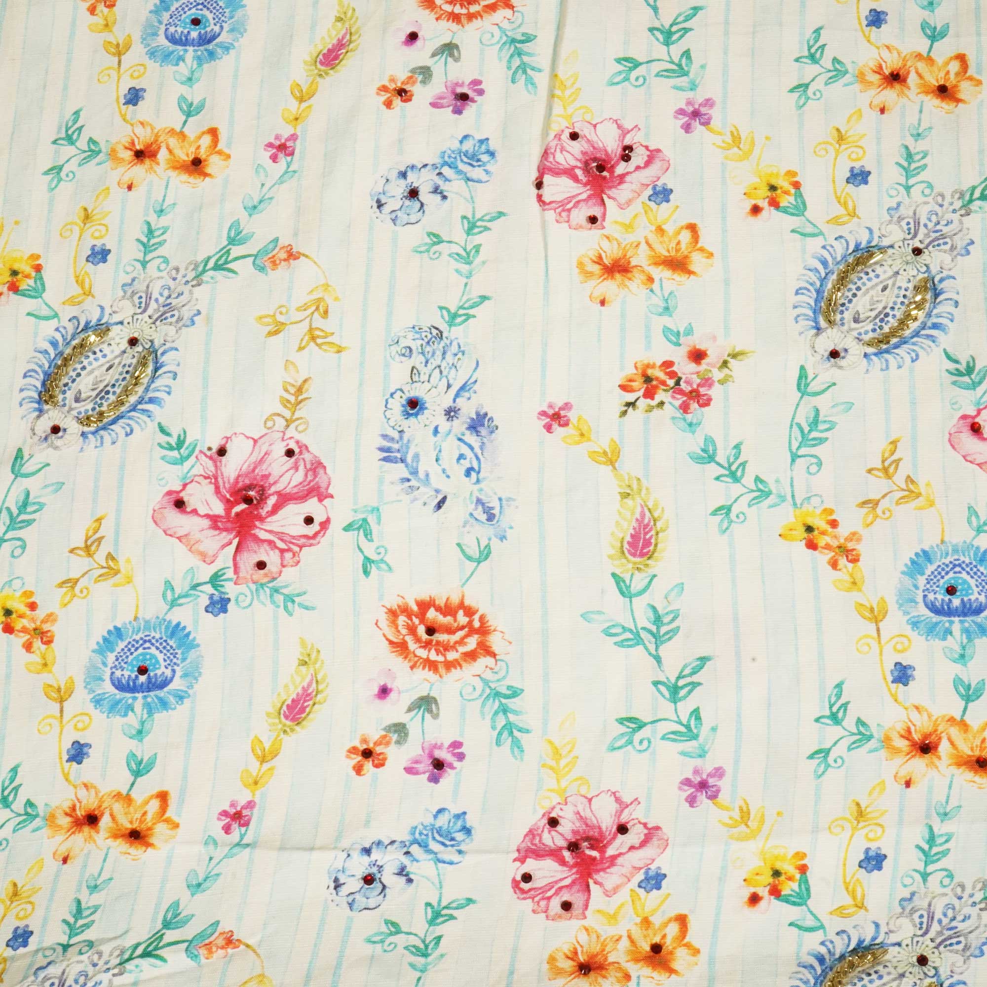 Sky Blue Cutdana Embroidery Cotton Linen Fabric GT-25552 - Image 4