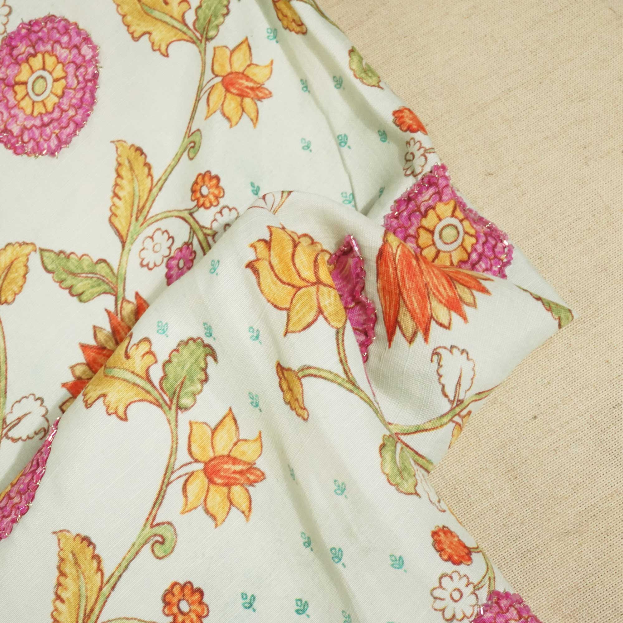 Sky Blue Floral Cutdana Embroidery Cotton Linen Fabric GT-25550 - Image 2