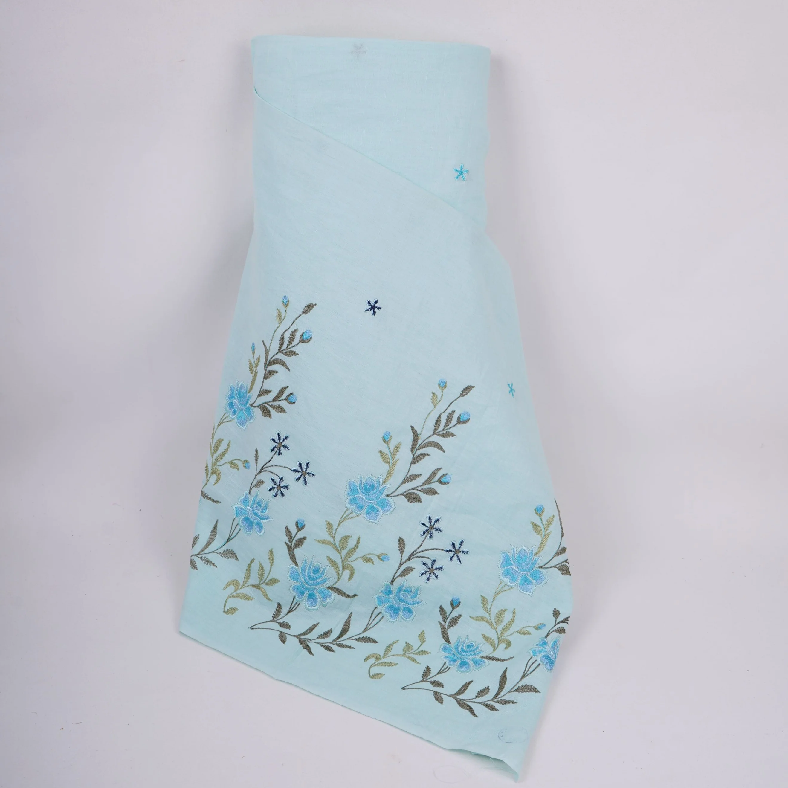 Sky Blue floral embroidery Cotton Linen Fabric GPF-32249
