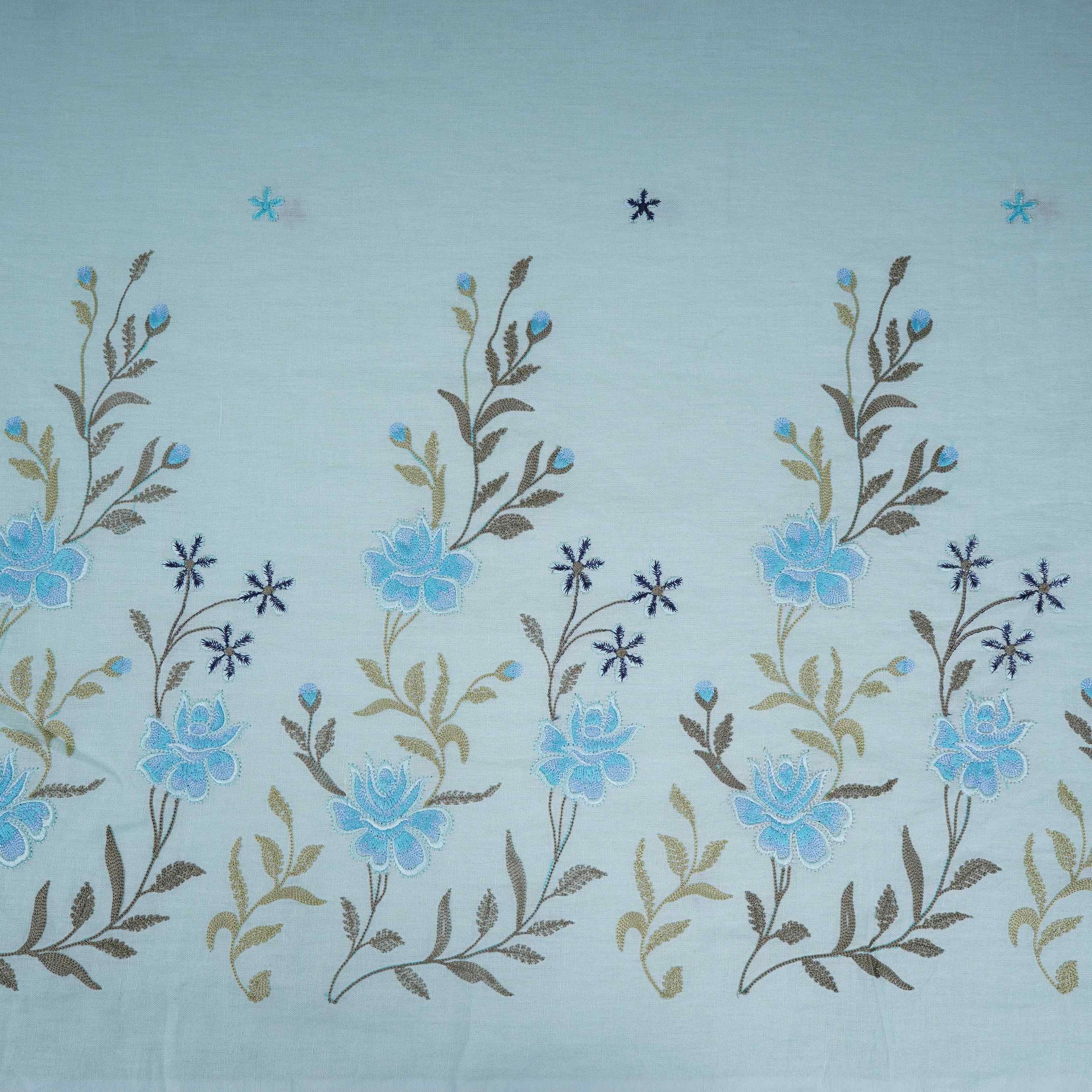 Sky Blue floral embroidery Cotton Linen Fabric GPF-32249 - Image 2