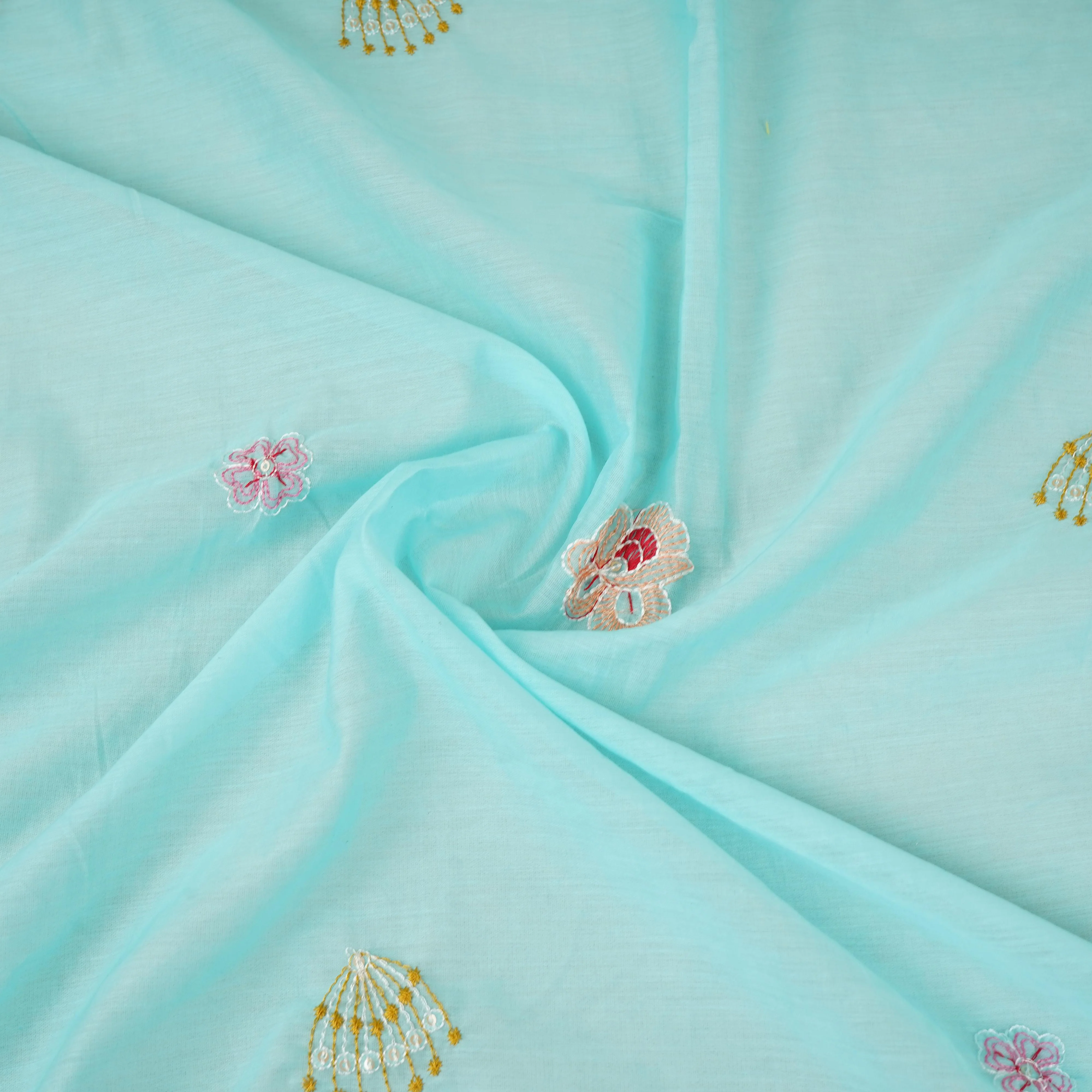Sky Blue floral embroidery Mul Chanderi Fabric DC-29681 - Image 3