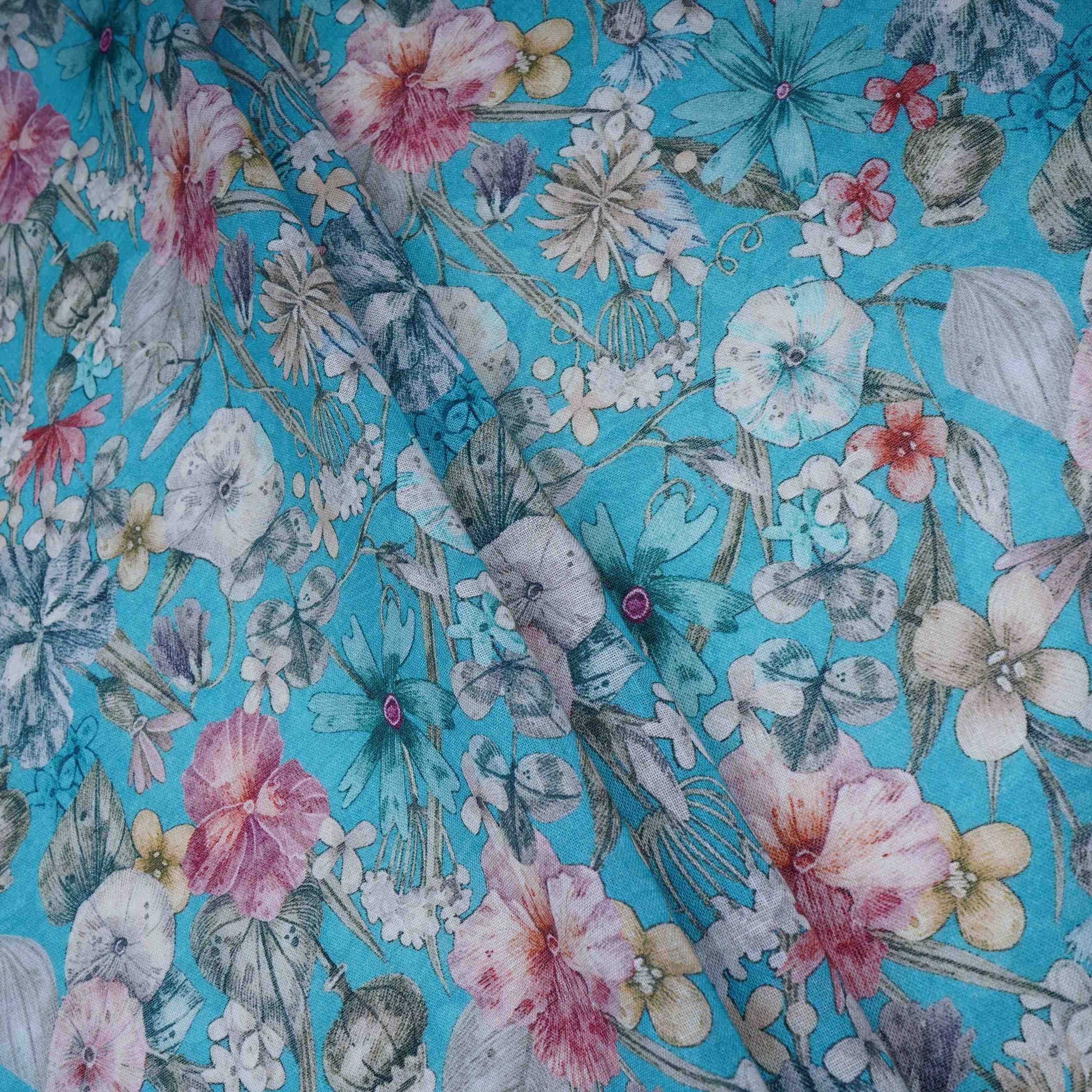 Sky Blue Floral Print Cotton Linen Fabric RT-30961 - Image 4