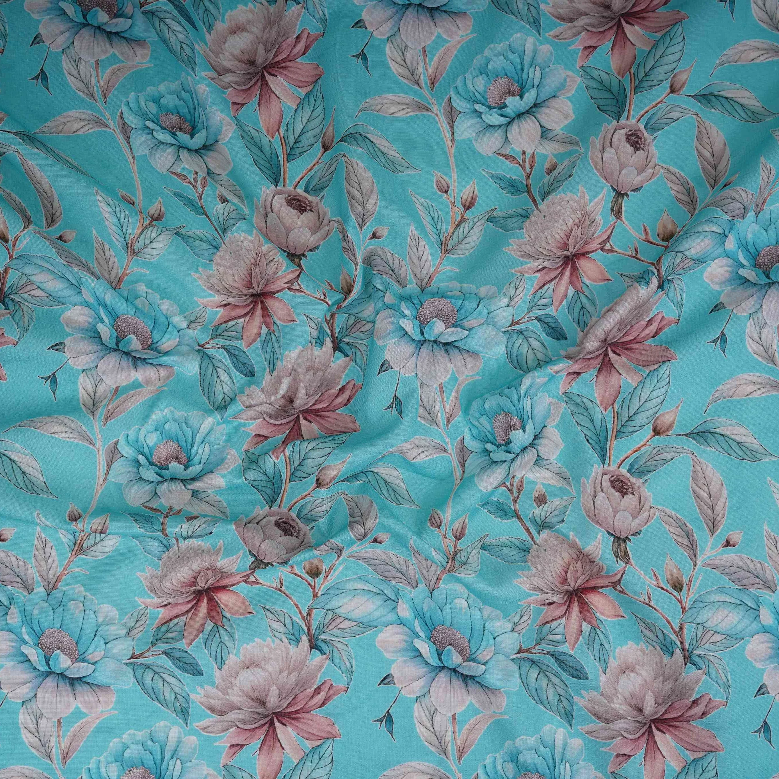 Sky Blue Floral Print Cotton Linen Fabric RT-30974 - Image 2