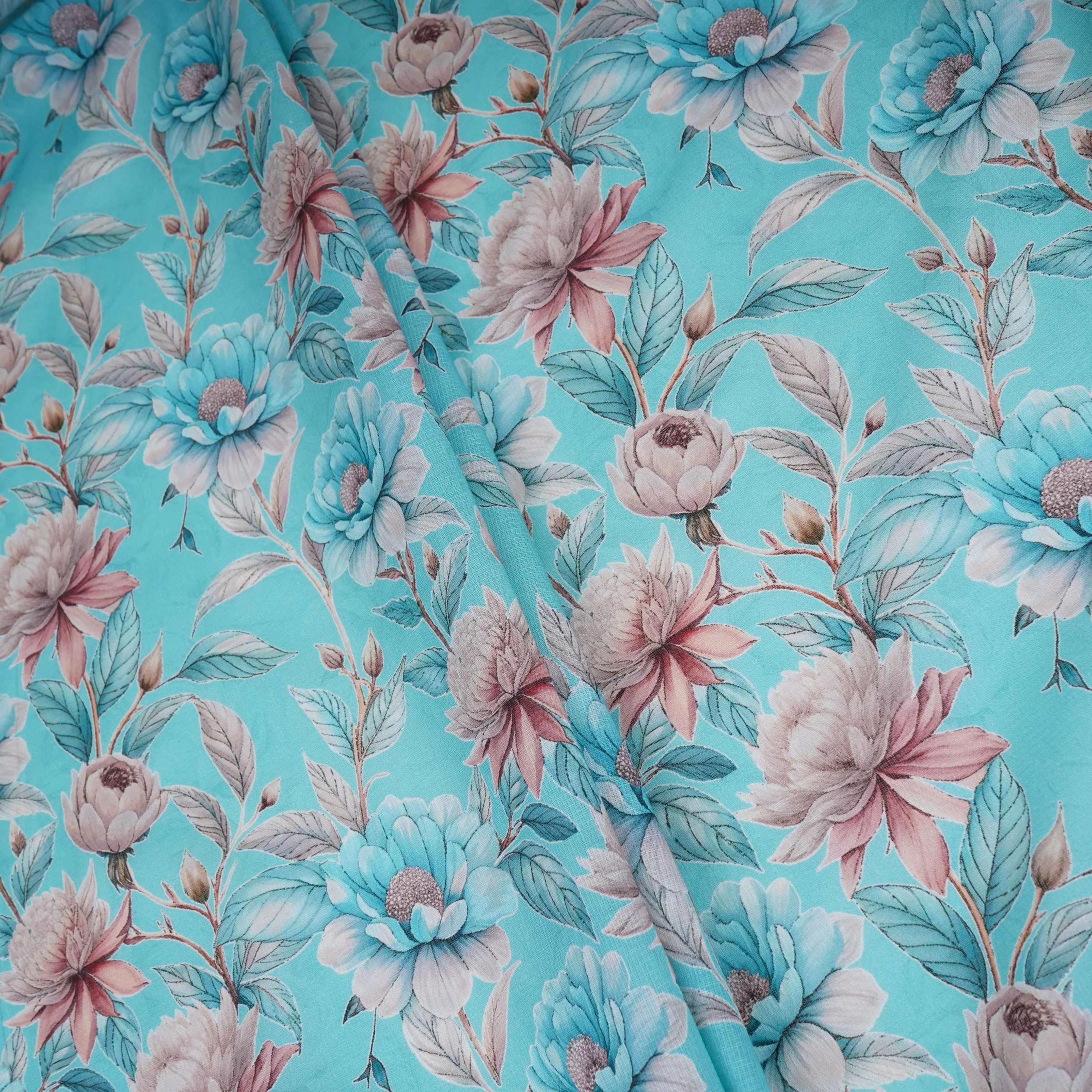 Sky Blue Floral Print Cotton Linen Fabric RT-30974 - Image 3