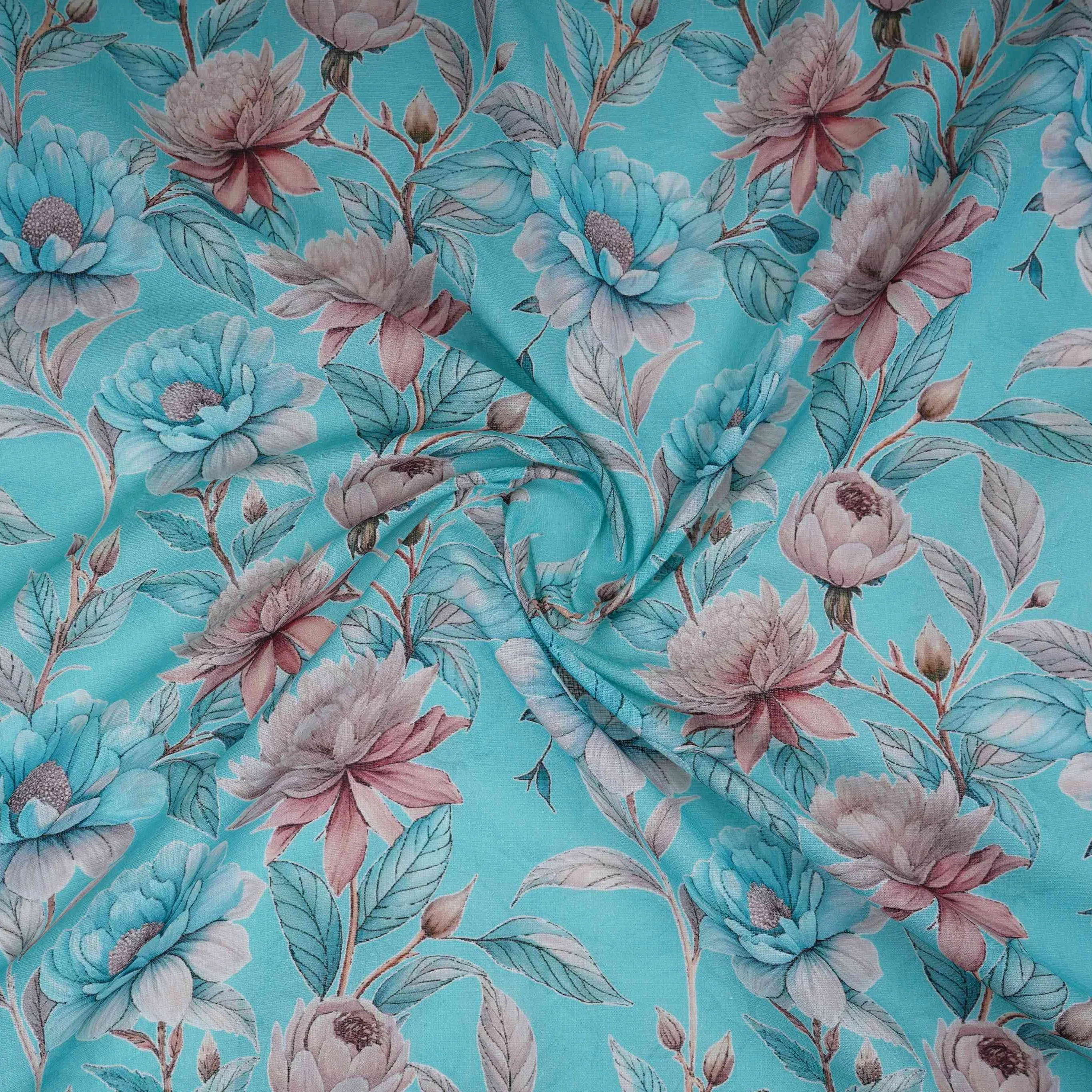 Sky Blue Floral Print Cotton Linen Fabric RT-30974 - Image 4