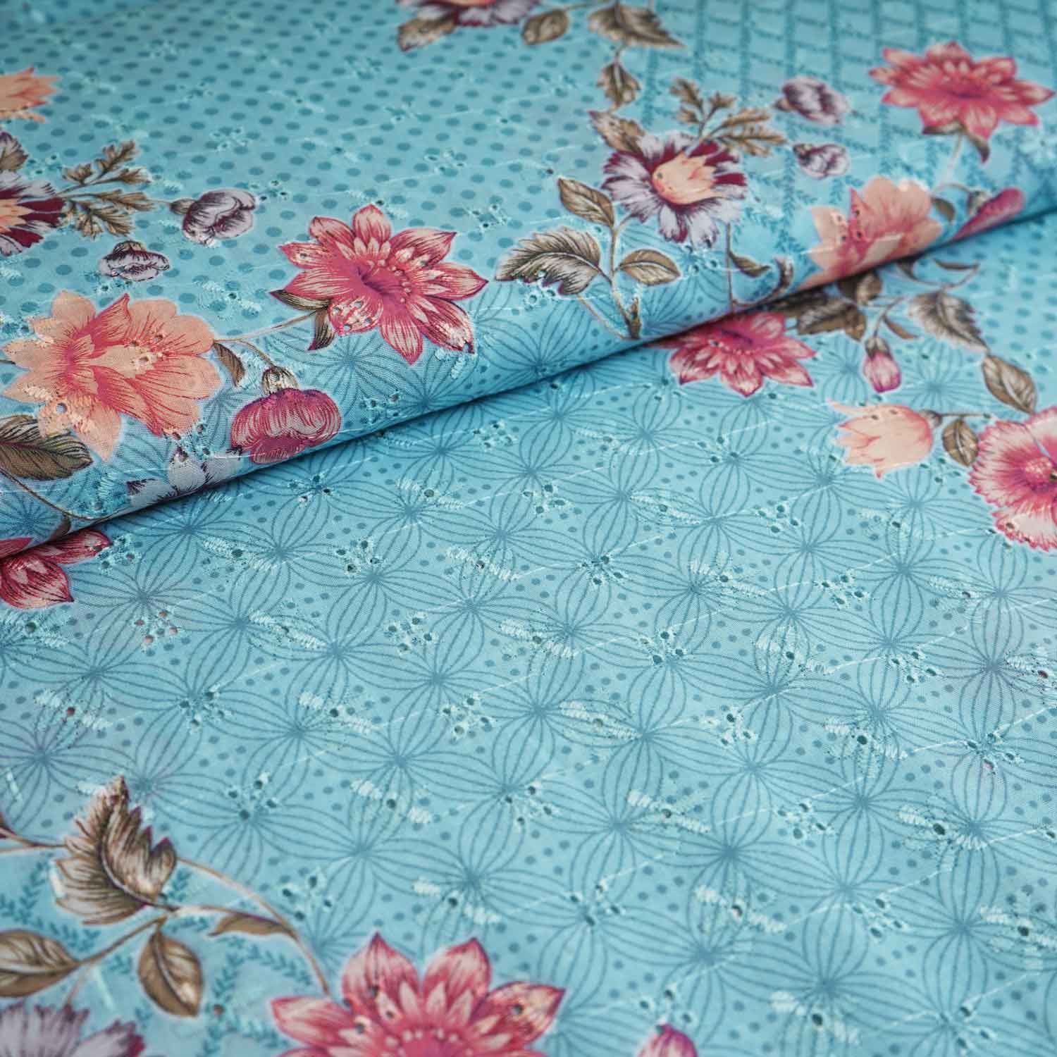 Sky Blue Floral Print Cotton Schiffli Fabric MT-29224 - Image 3