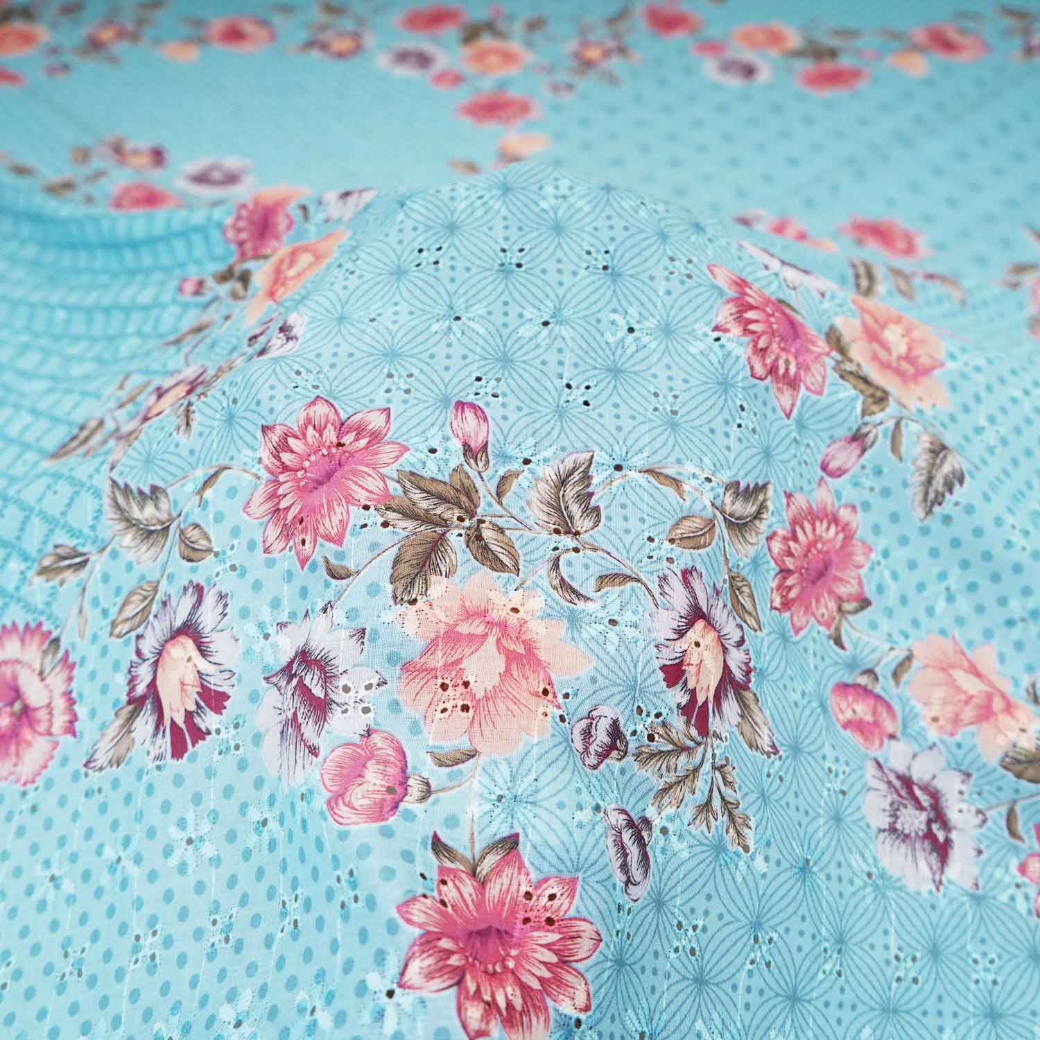 Sky Blue Floral Print Cotton Schiffli Fabric MT-29224 - Image 4