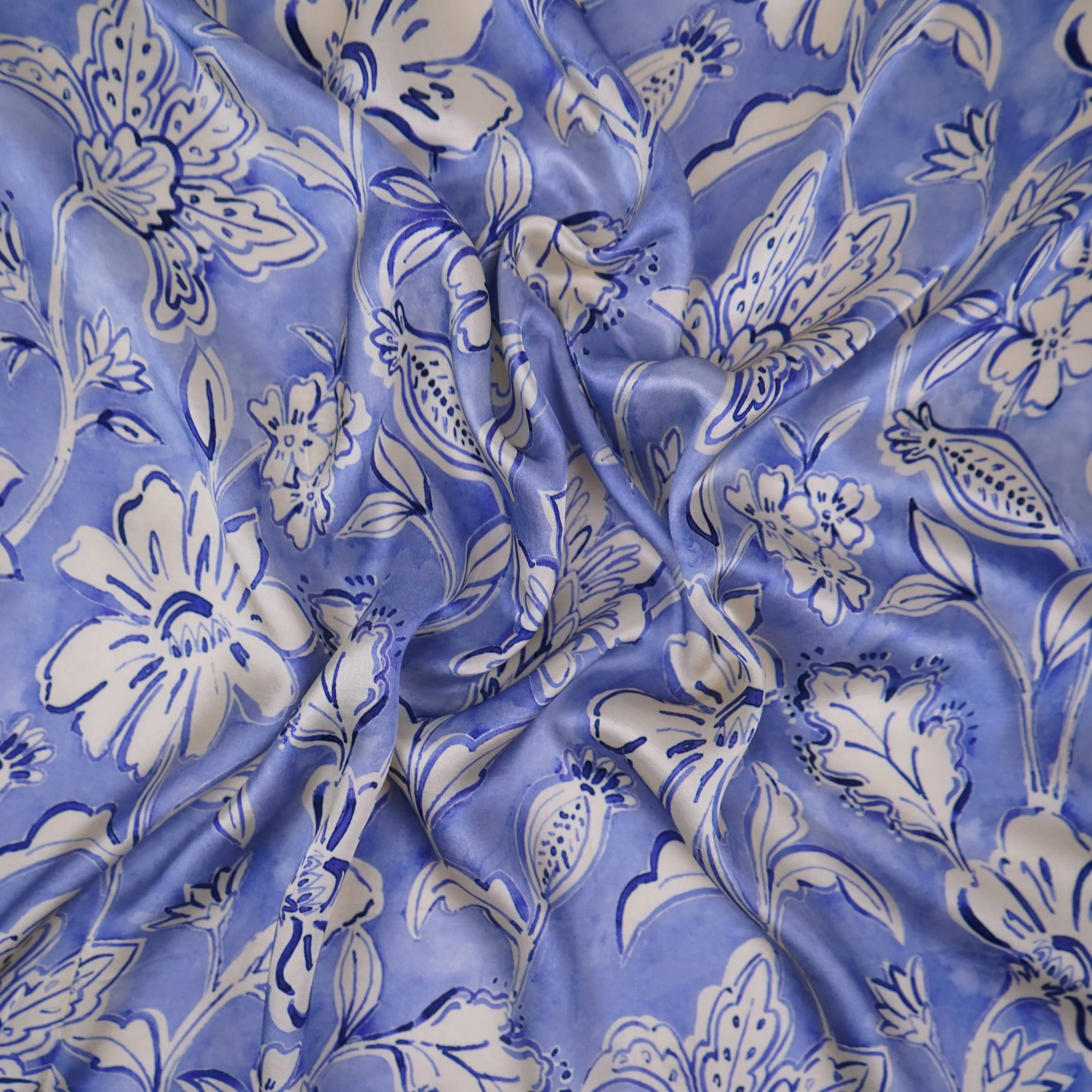 Sky Blue floral print Silk Satin Fabric NVC-31575 - Image 3