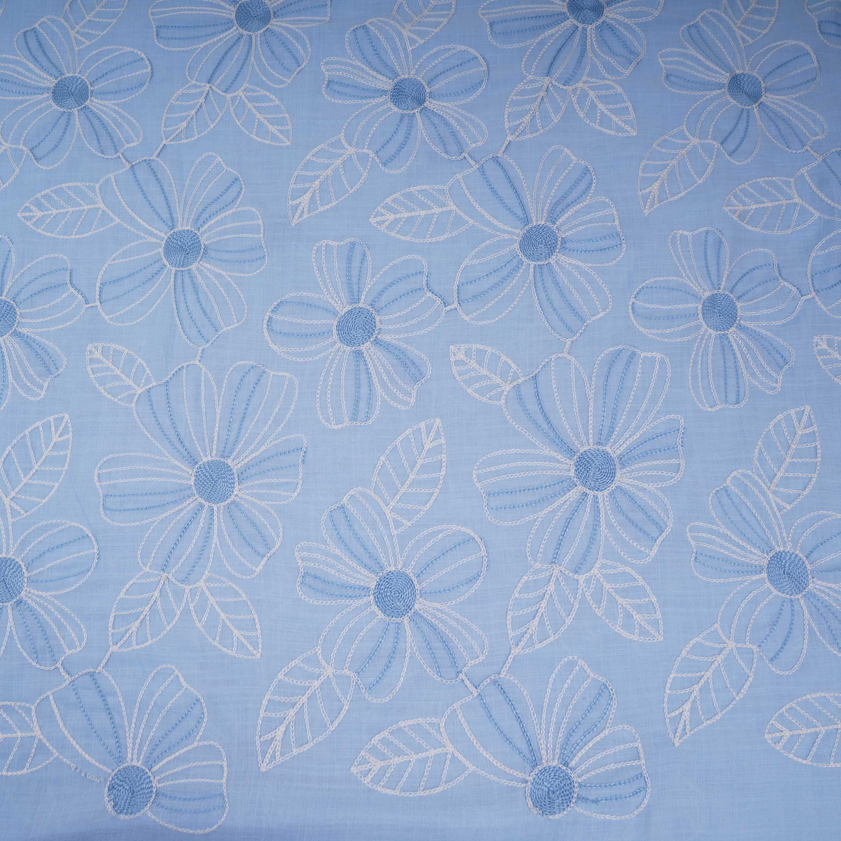 Sky Blue floral thread embroidery Linen Fabric SFG-31713 - Image 2