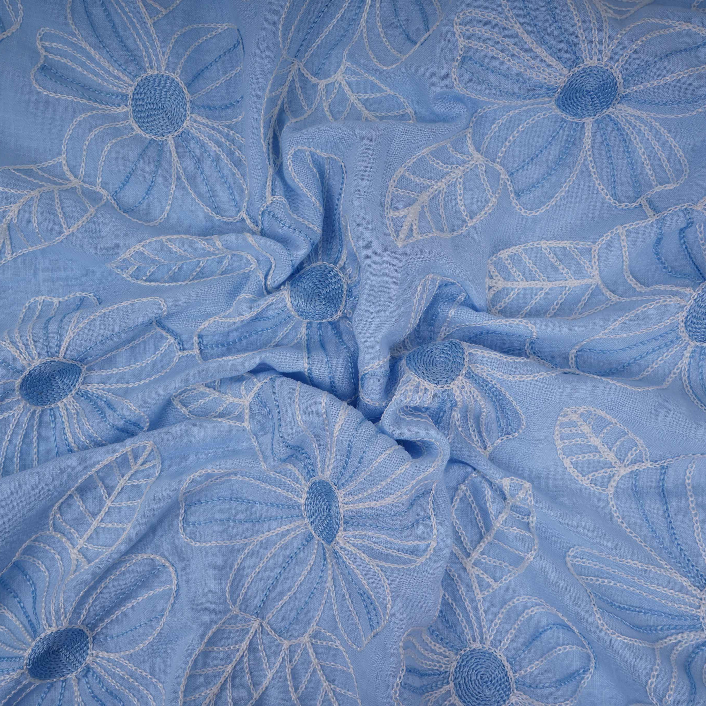 Sky Blue floral thread embroidery Linen Fabric SFG-31713 - Image 3