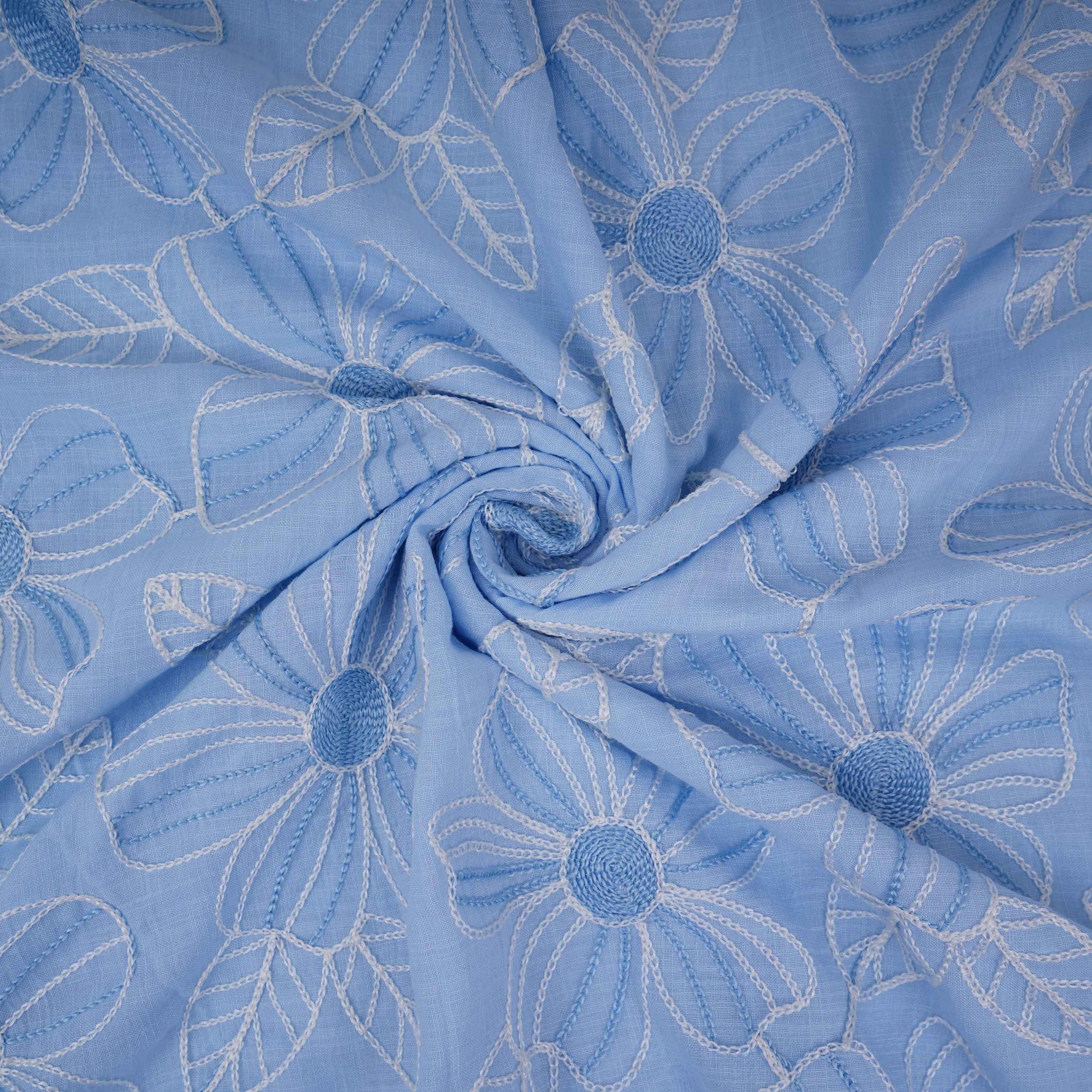 Sky Blue floral thread embroidery Linen Fabric SFG-31713 - Image 4