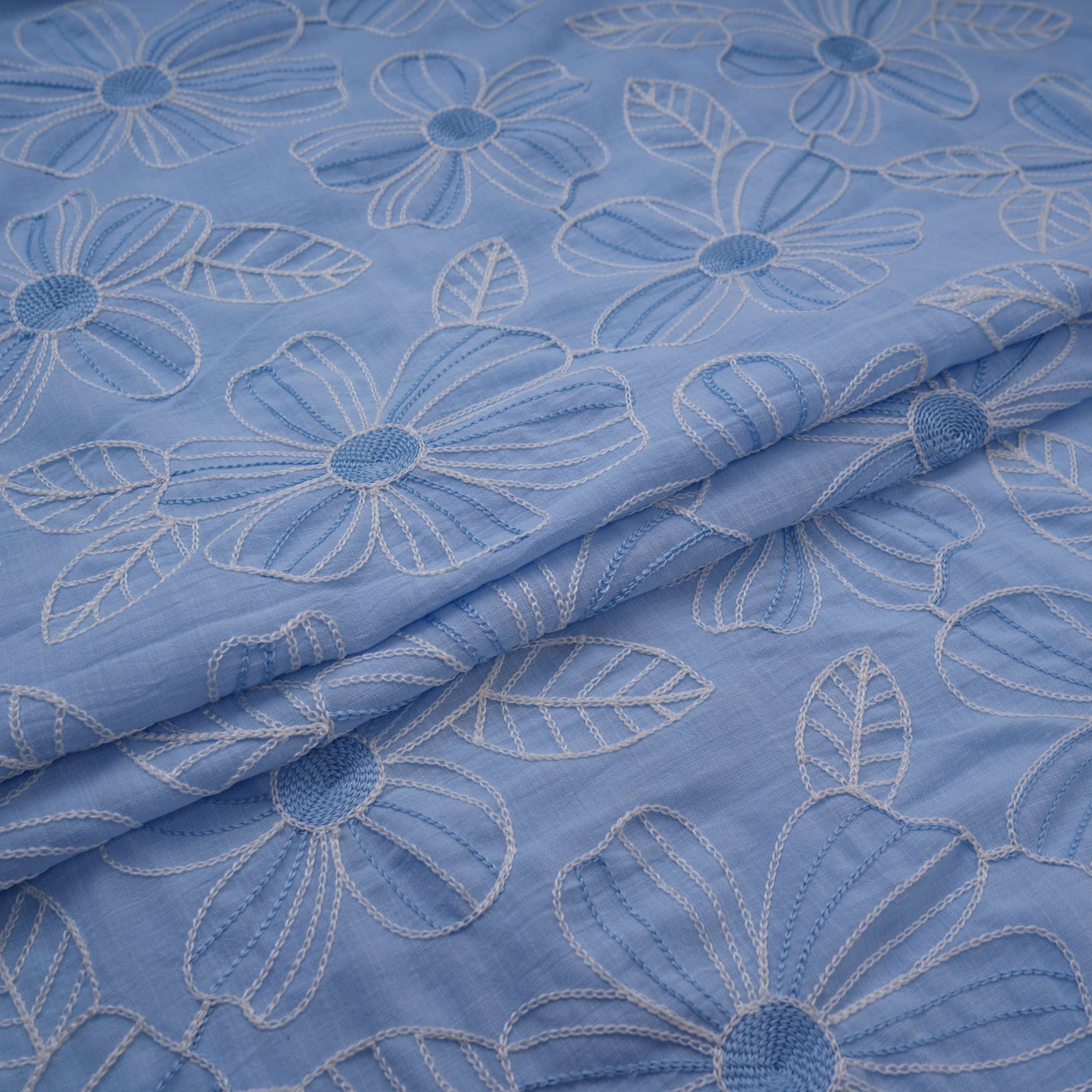 Sky Blue floral thread embroidery Linen Fabric SFG-31713 - Image 5