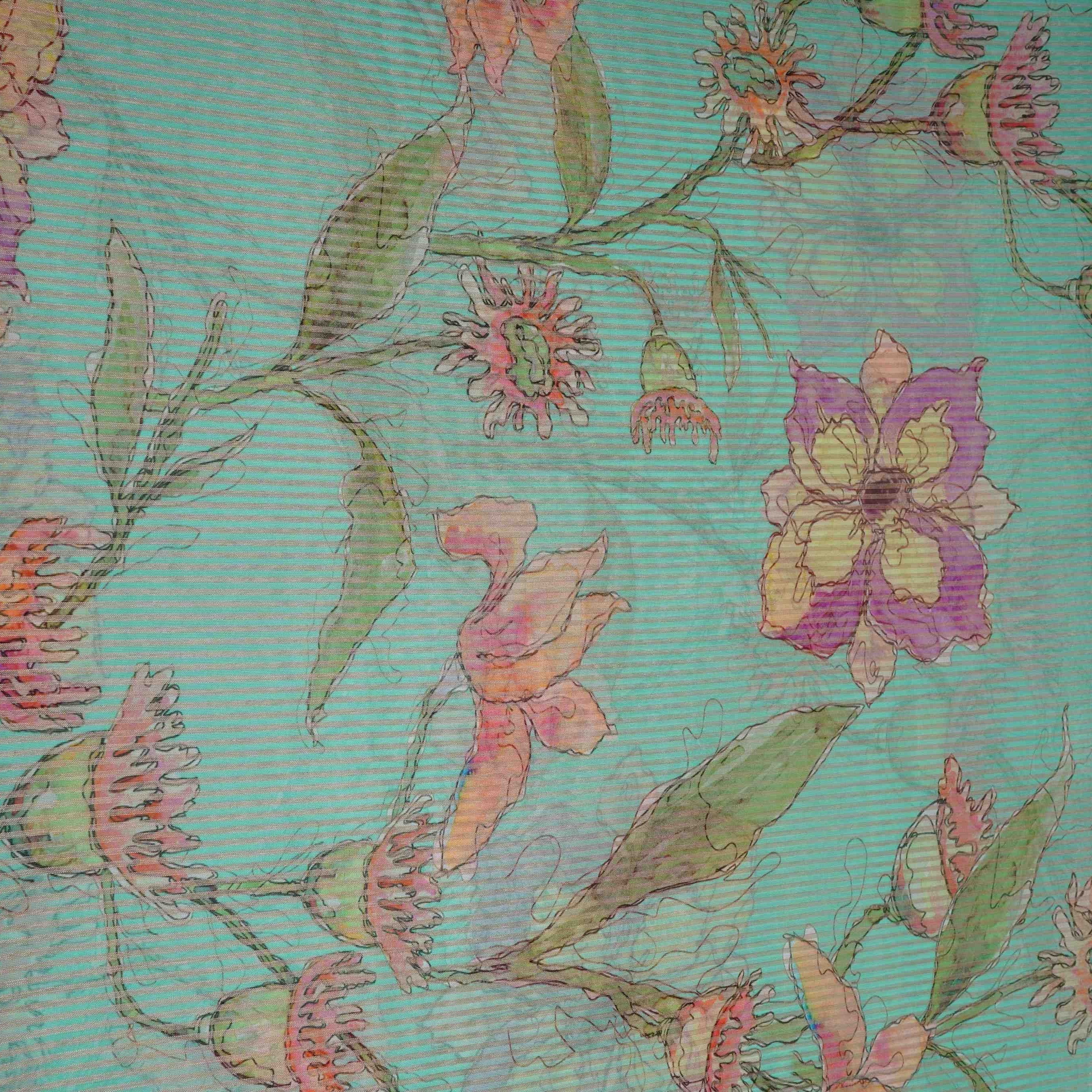 Sky Blue floral with stripes print Organza Fabric VP-32017 - Image 2