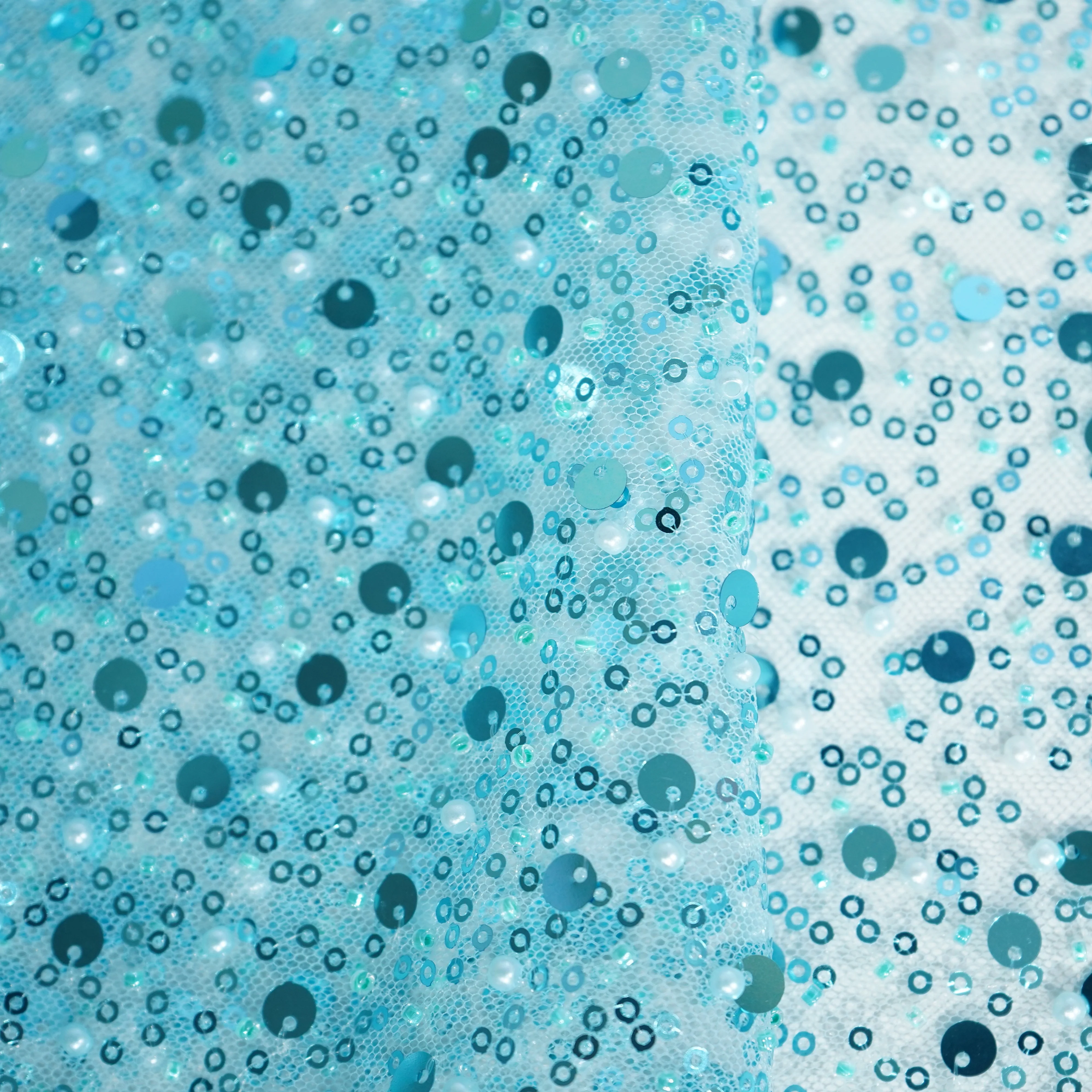 Sky Blue Imported Pearl & Sequence Embroidery Net Fabric - Image 2