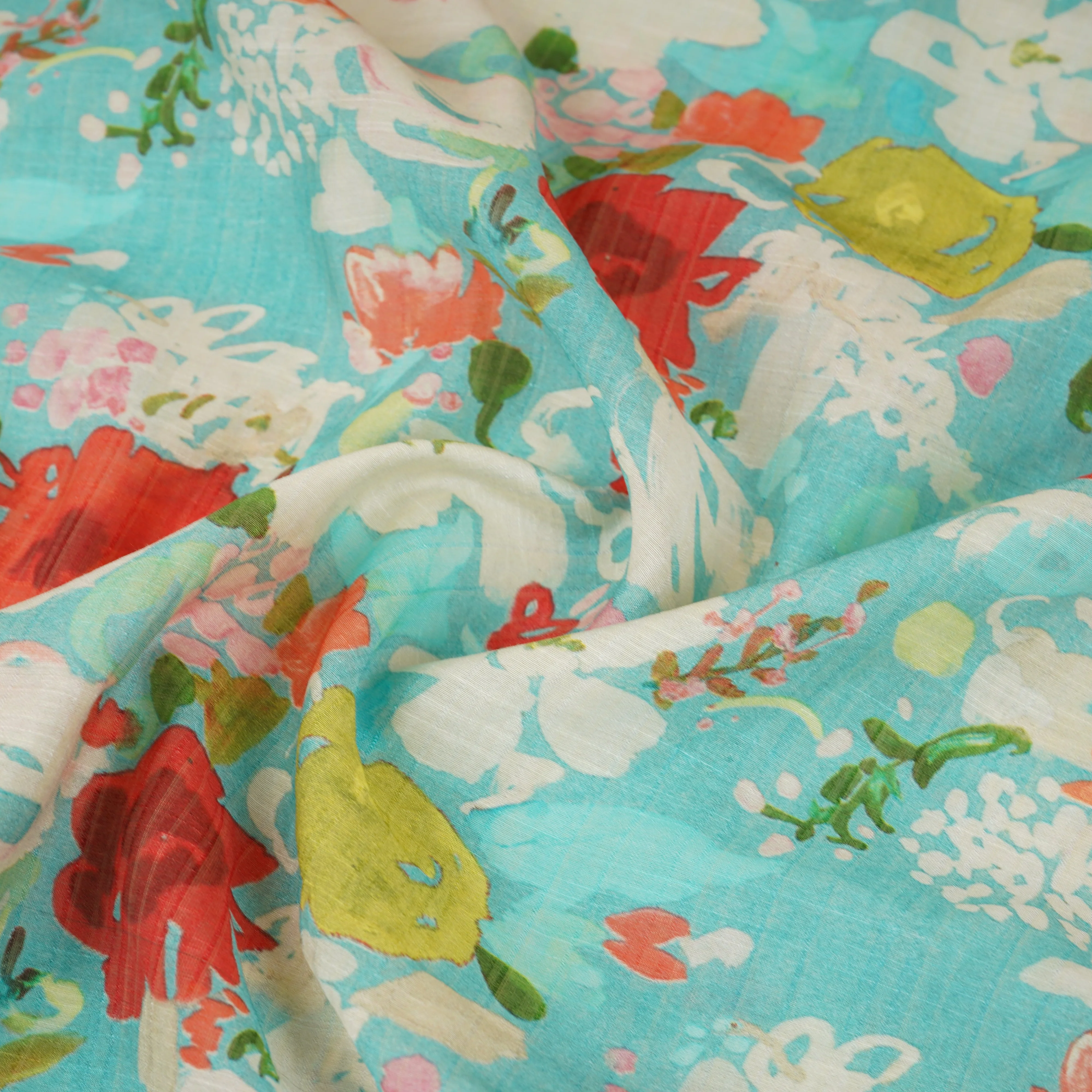Sky Blue with Multicolor Floral Print Viscose Turkey Linen Fabric PDM-29902 - Image 3
