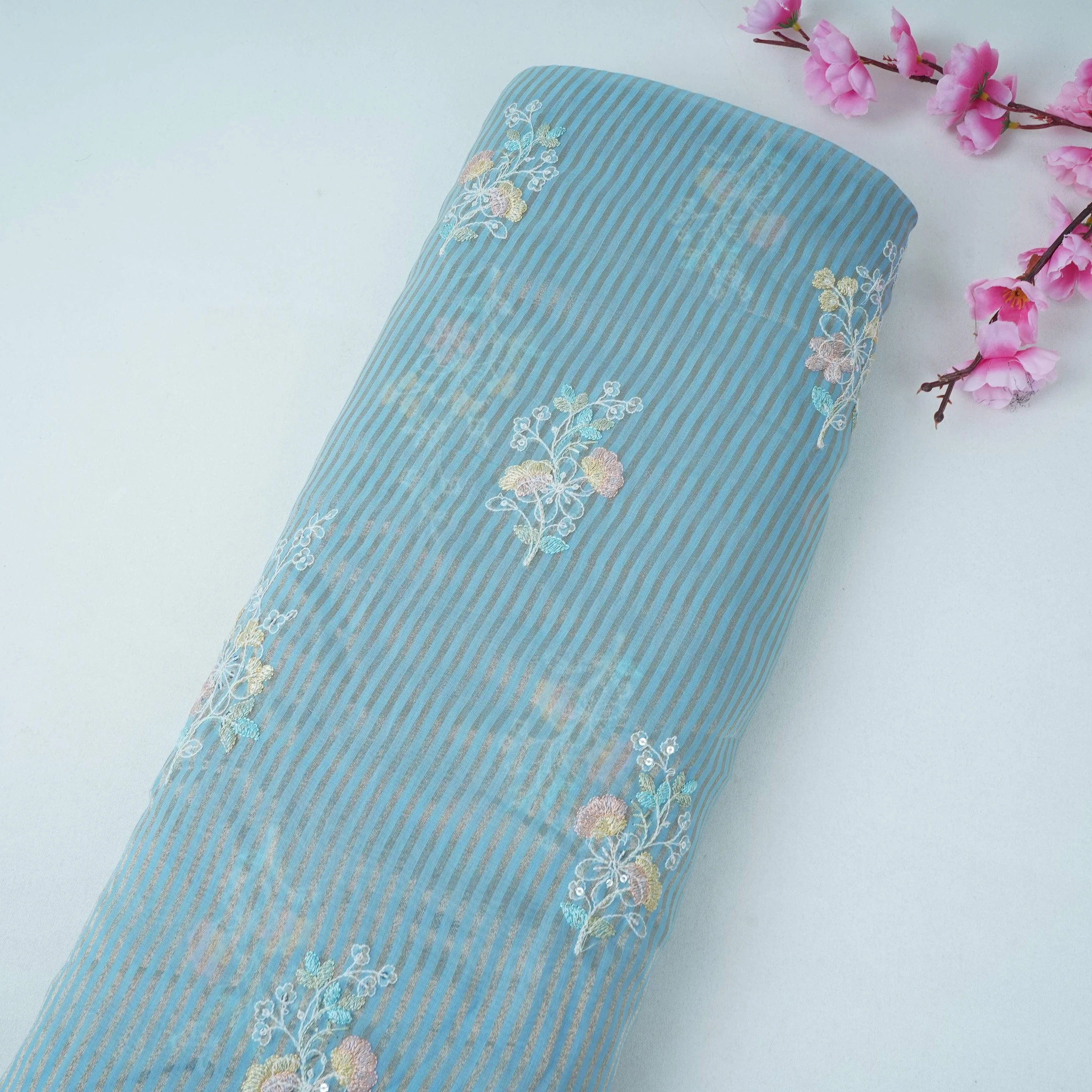 Sky Blue Zari Stripes floral thread embroidery Malai Chanderi Fabric VFS-31542