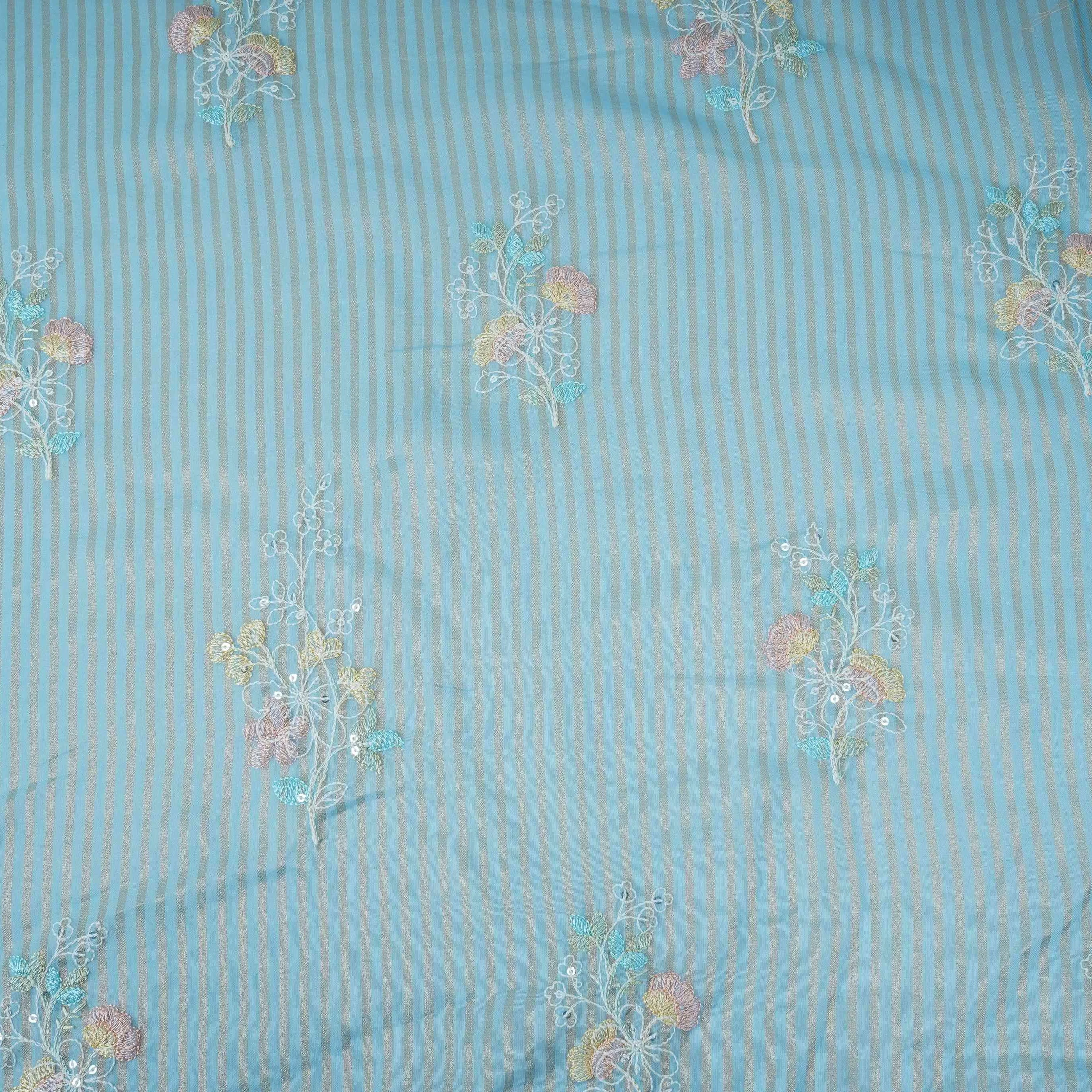 Sky Blue Zari Stripes floral thread embroidery Malai Chanderi Fabric VFS-31542 - Image 2
