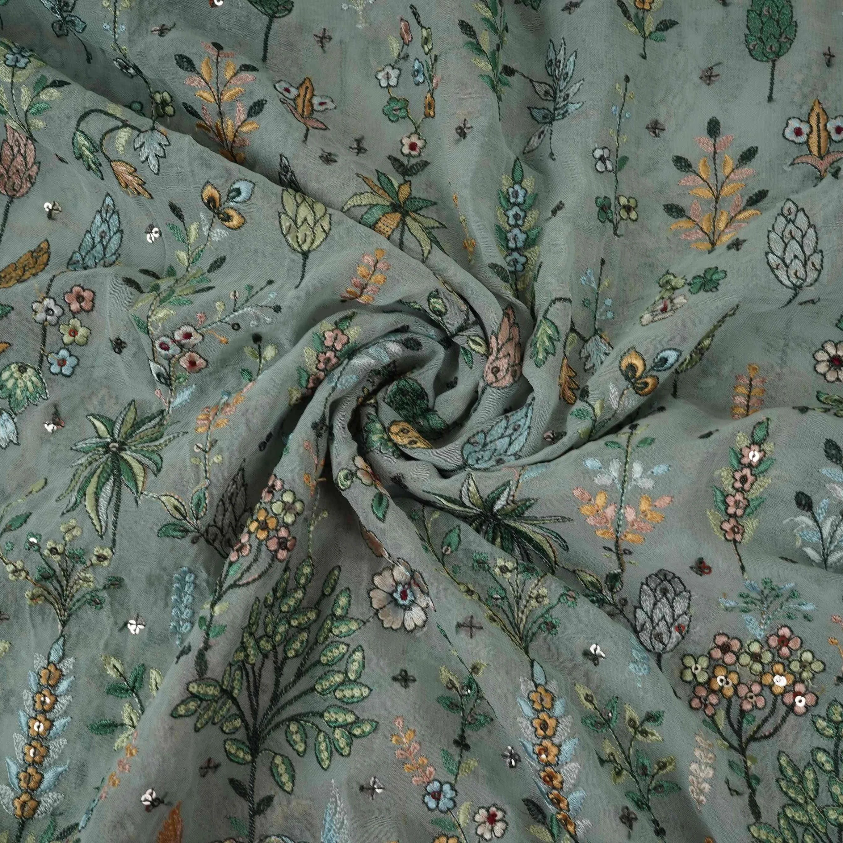 Soft Grey Thread Embroidery Georgette Fabric DR-32381 - Image 4