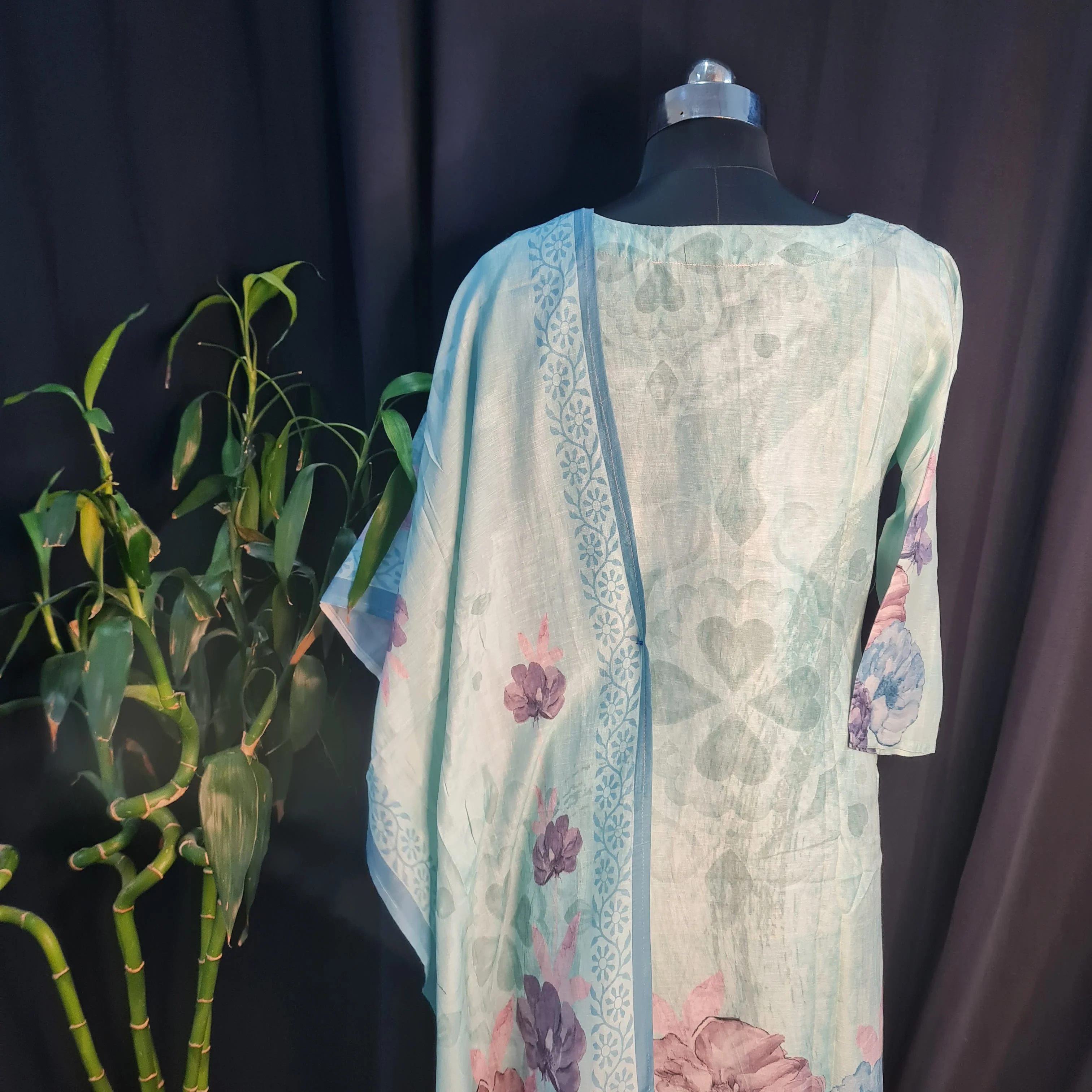 Suit Set With Dupatta (Top-Cotton Linen, Bottom-Santoon, Dupatta-Cotton Linen) Sea Blue Thred Embroidery Lace 17421 - Image 2