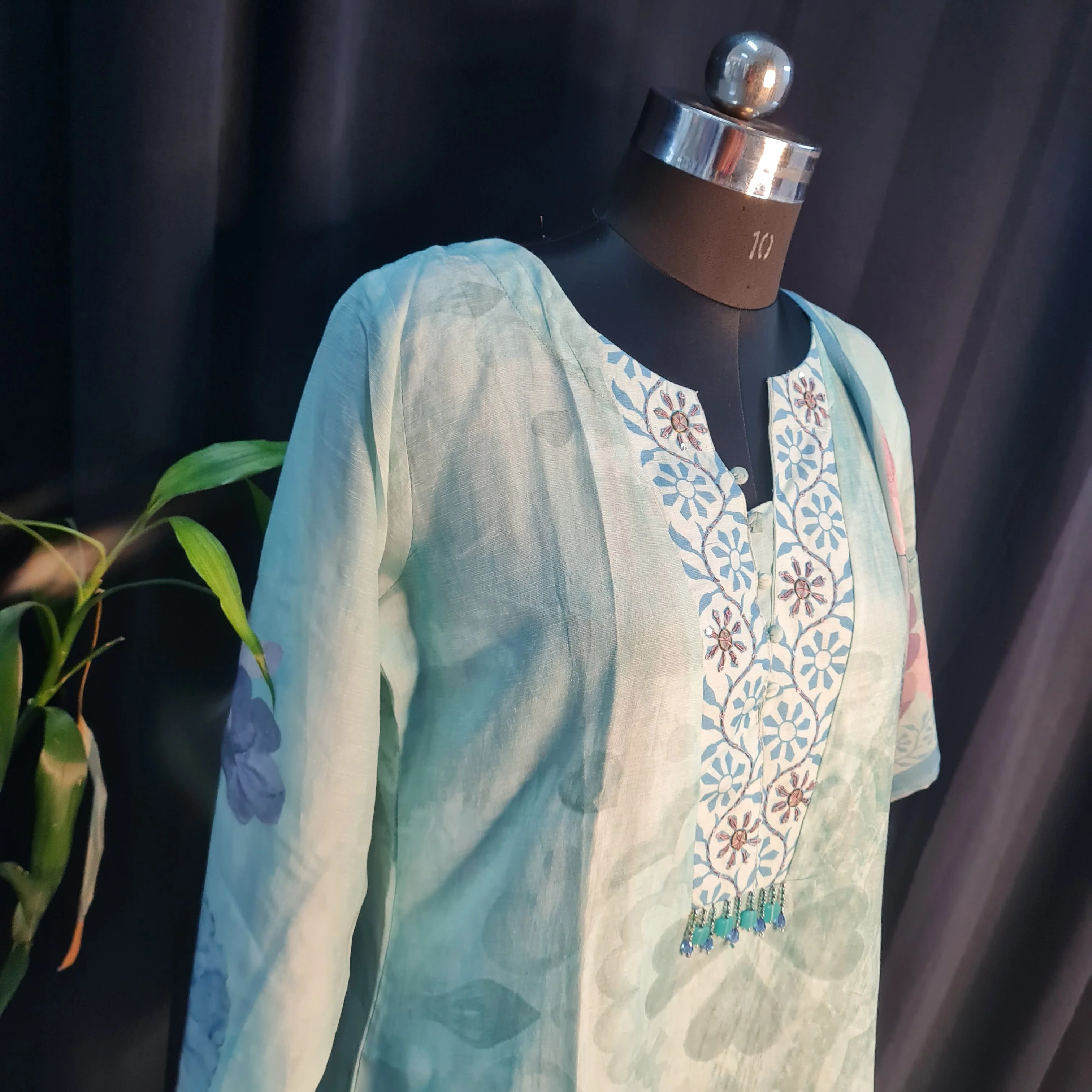 Suit Set With Dupatta (Top-Cotton Linen, Bottom-Santoon, Dupatta-Cotton Linen) Sea Blue Thred Embroidery Lace 17421 - Image 3