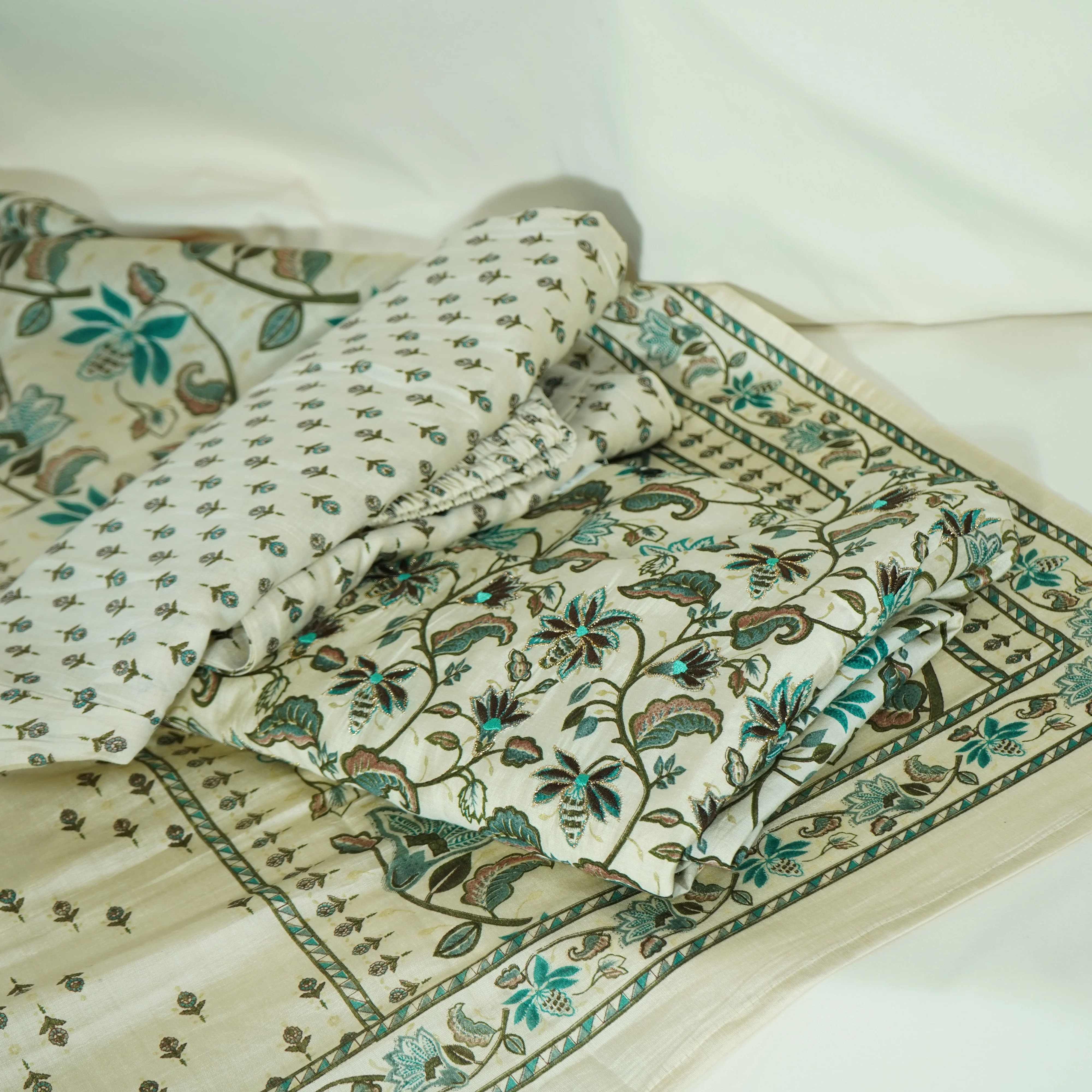 Suit Set With Dupatta (Top-Cotton Silk, Bottom-Cotton Silk, Dupatta-Cotton Silk) Creame Brown Tropical Print 17423 - Image 5