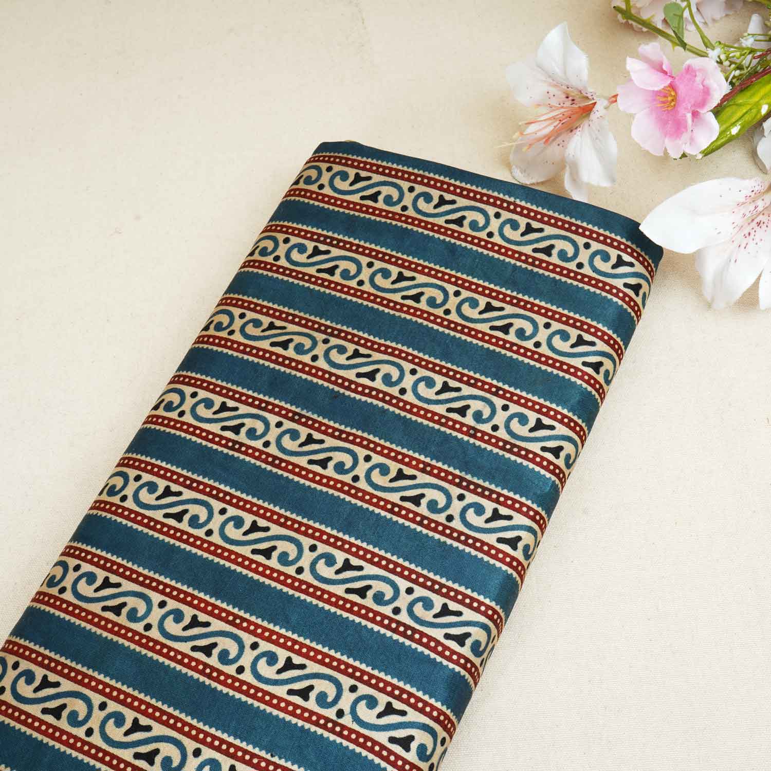 Teal Blue Ajrakh Print Mashru Silk Fabric EEG-28342