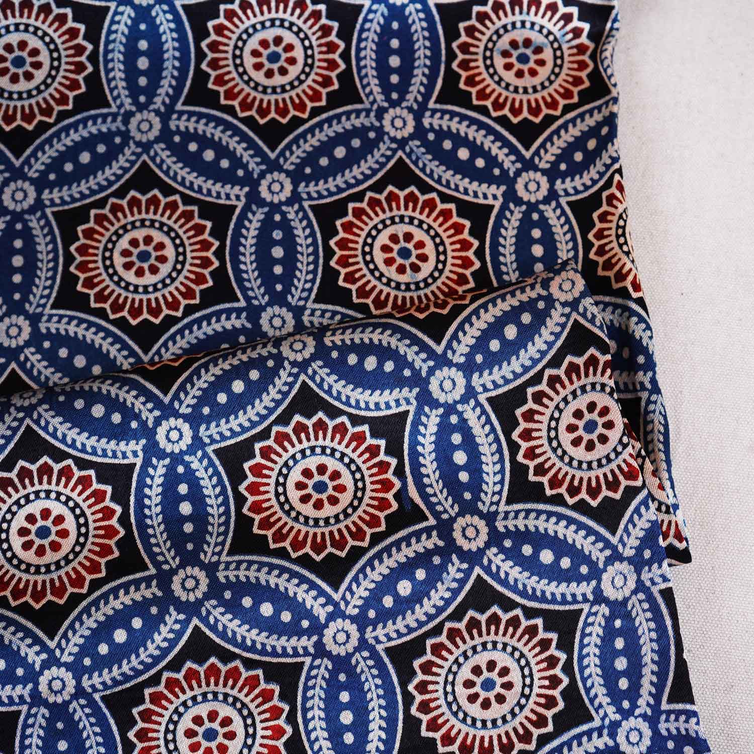 Teal Blue Ajrakh Print Mashru Silk Fabric EEG-28631 - Image 2
