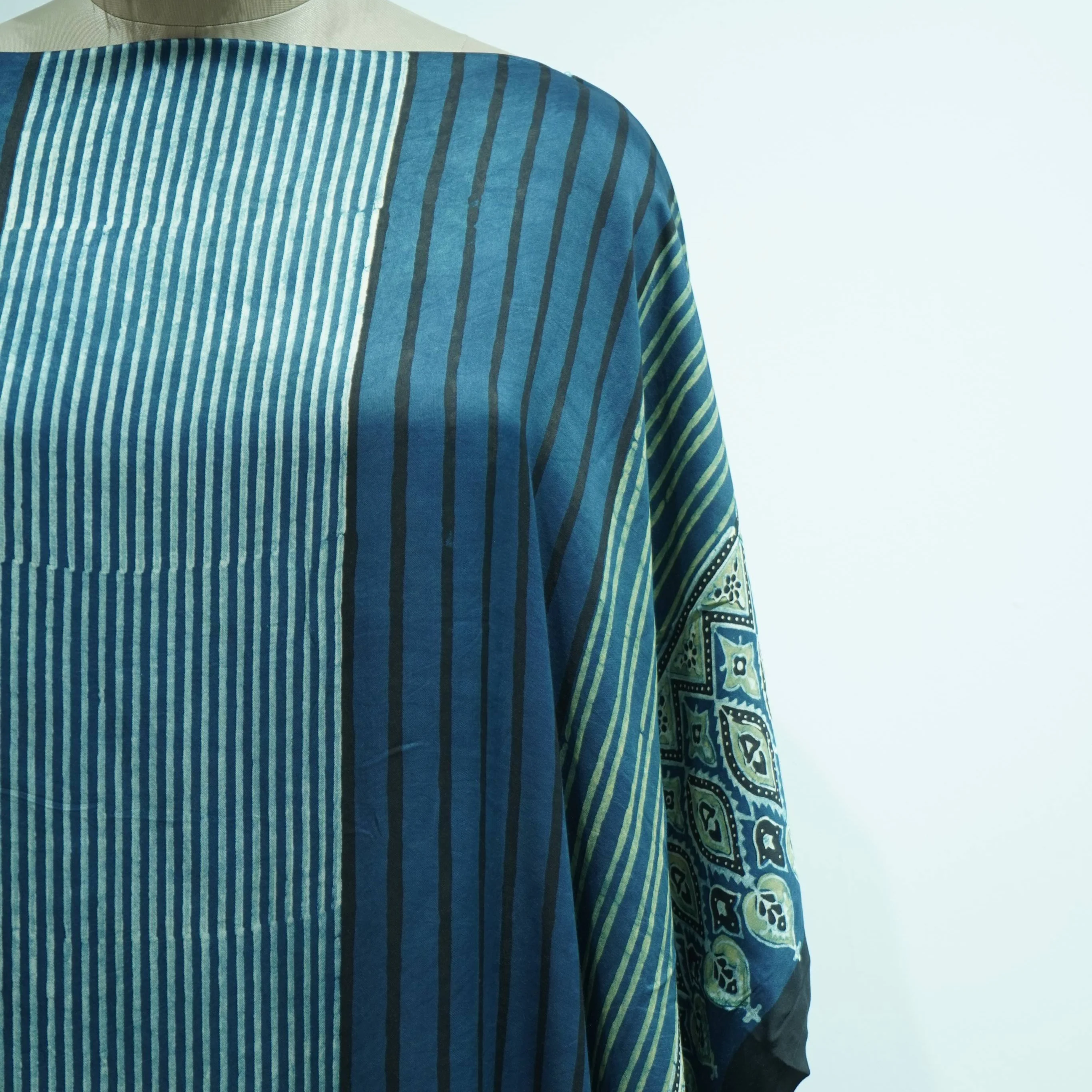 Teal Blue Ajrakh print Modal Silk Kaftan EEG-31631 - Image 3