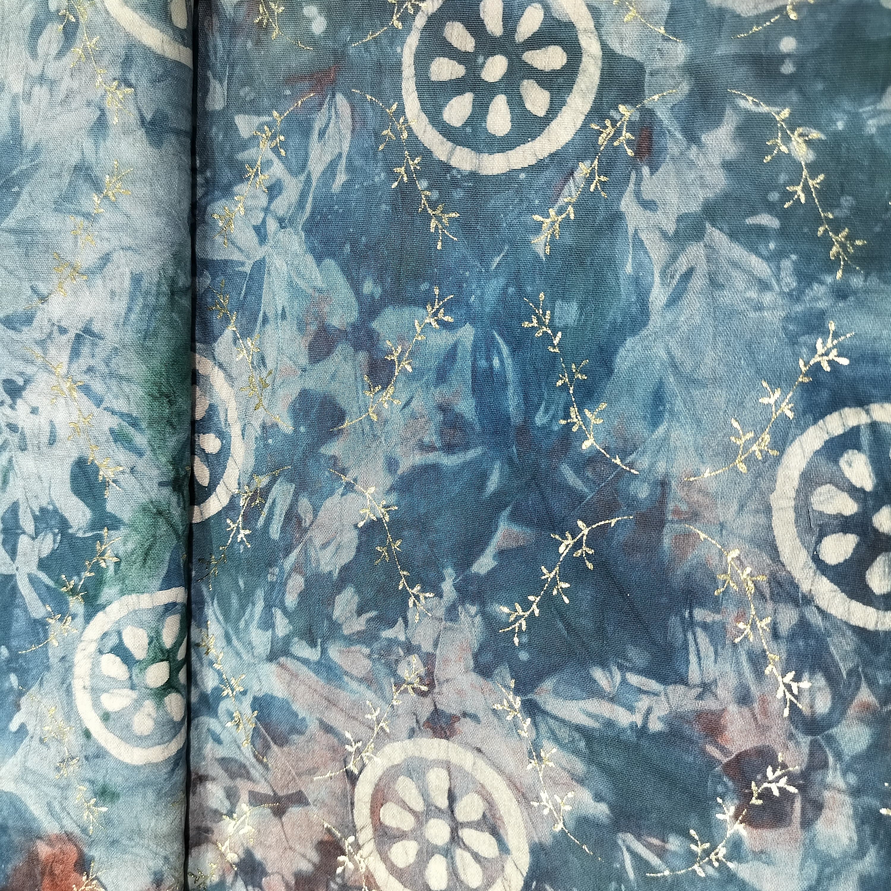 Teal Blue Batik Foil Print Chanderi Fabric 15516 - Image 3