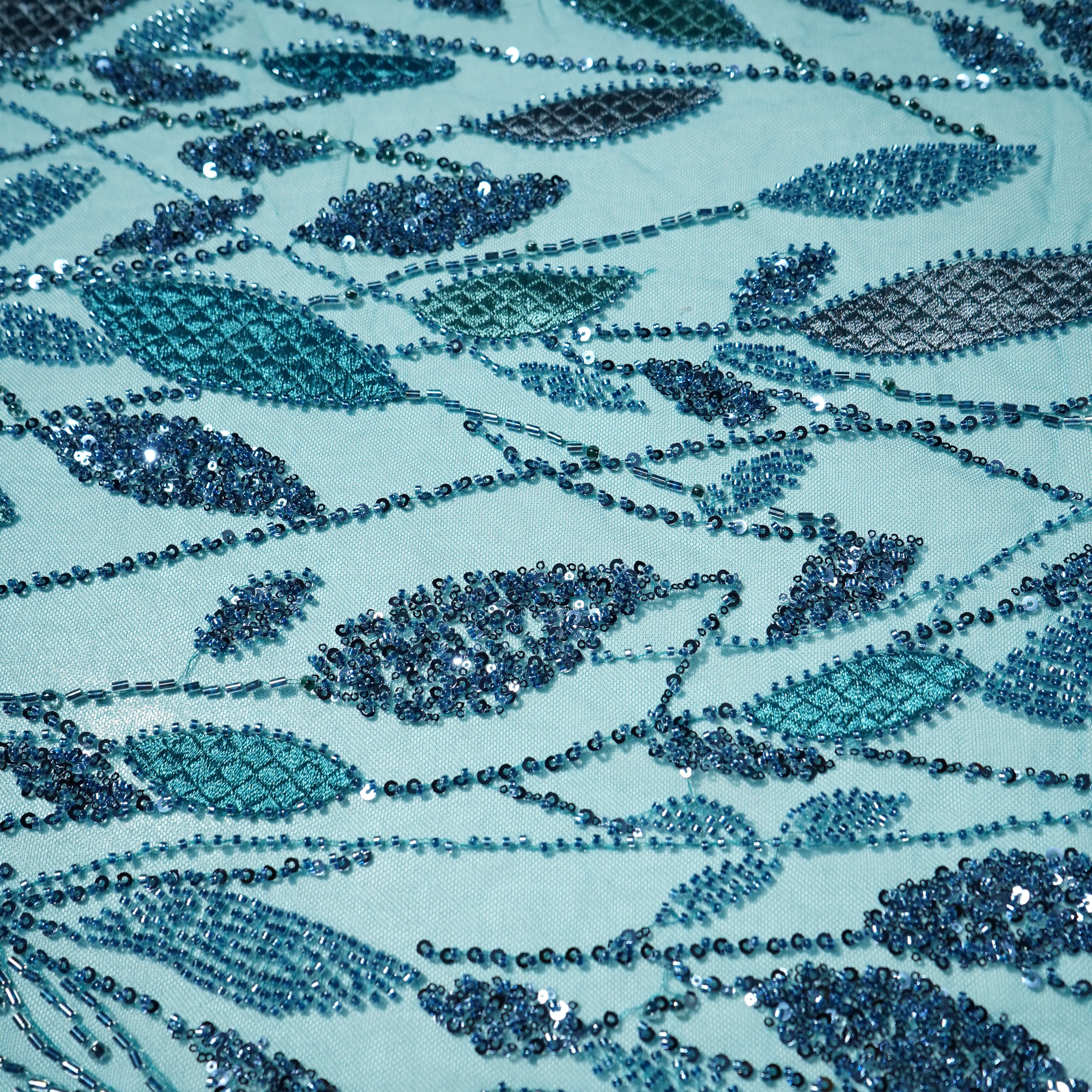 Teal Blue Cutdana & Sequins Embroidery Net Fabric 21965 - Image 3