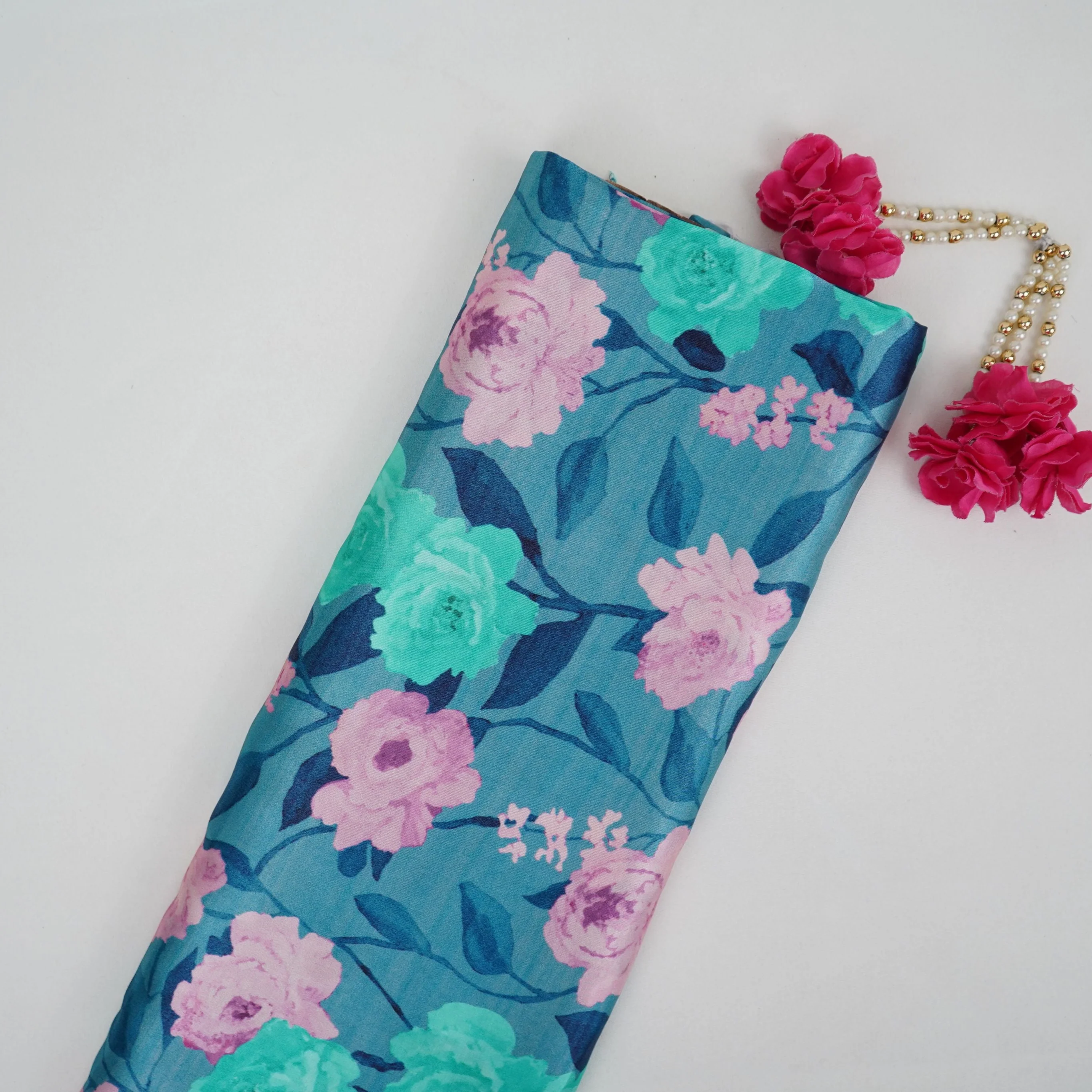 Teal Blue floral print Bemberg Modal Silk Fabric KTP-31408