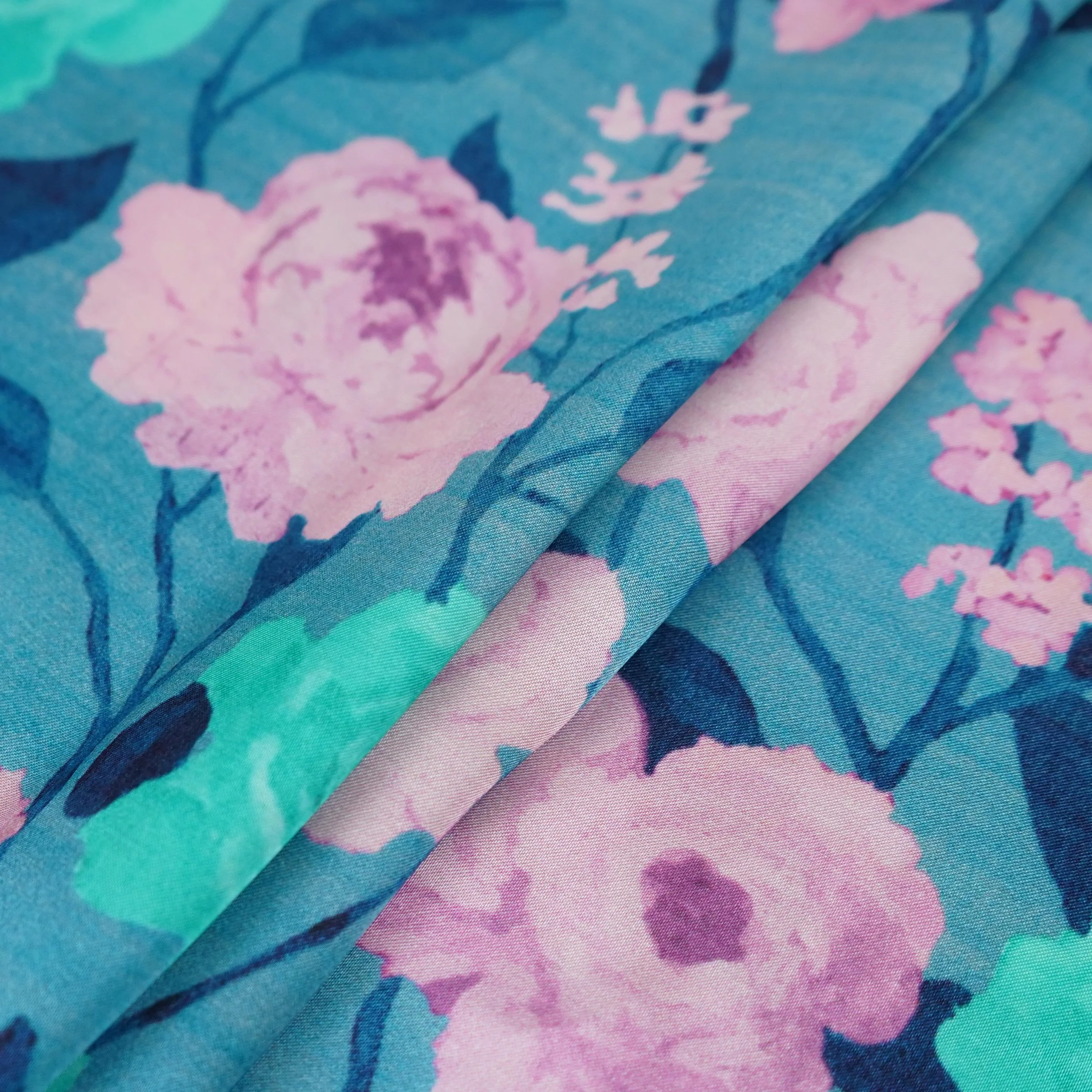 Teal Blue floral print Bemberg Modal Silk Fabric KTP-31408 - Image 4