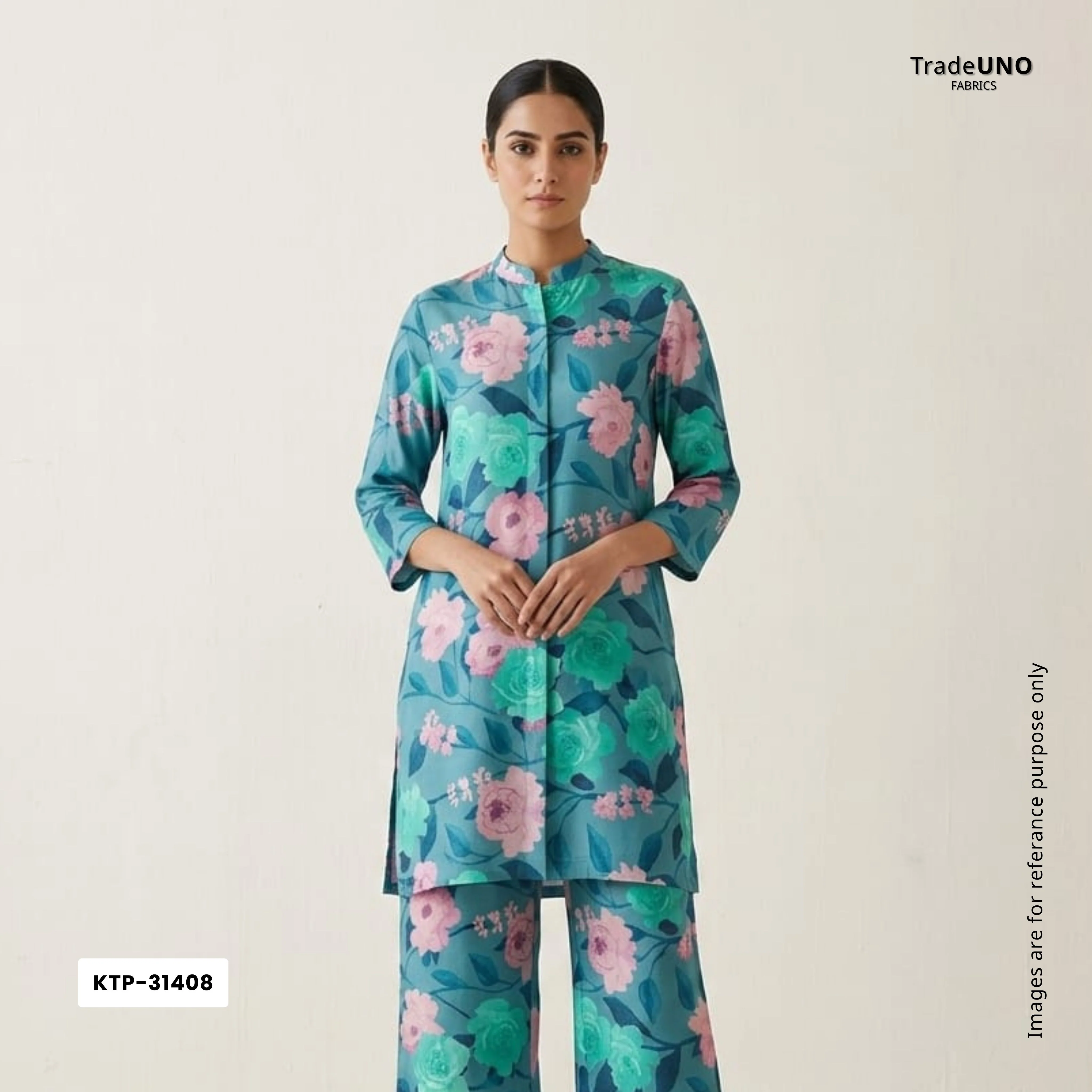 Teal Blue floral print Bemberg Modal Silk Fabric KTP-31408 - Image 5