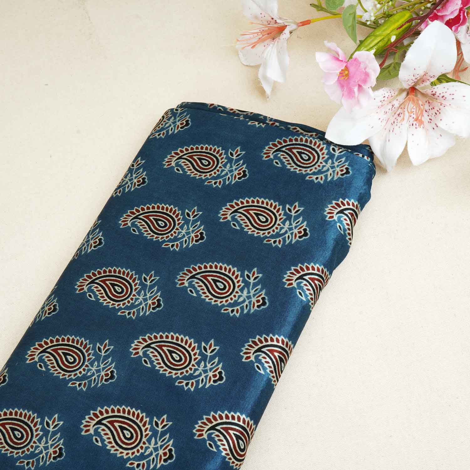 Teal Blue Floral Print Mashru Silk Fabric EEG-28330